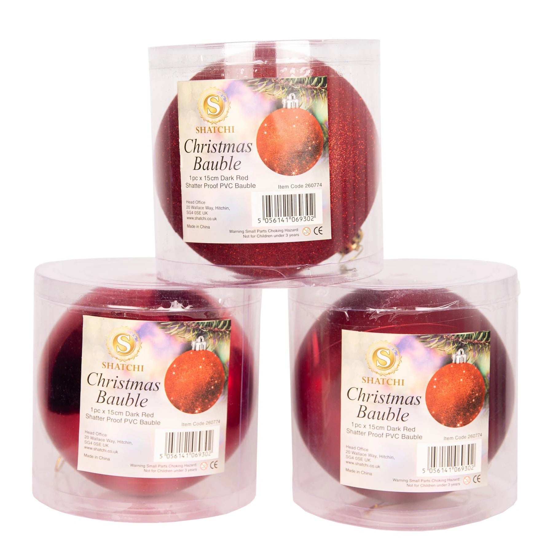3 Dark Red Shatterproof Christmas Baubles Decor Glitter Matte Shiny Finish 15cm
