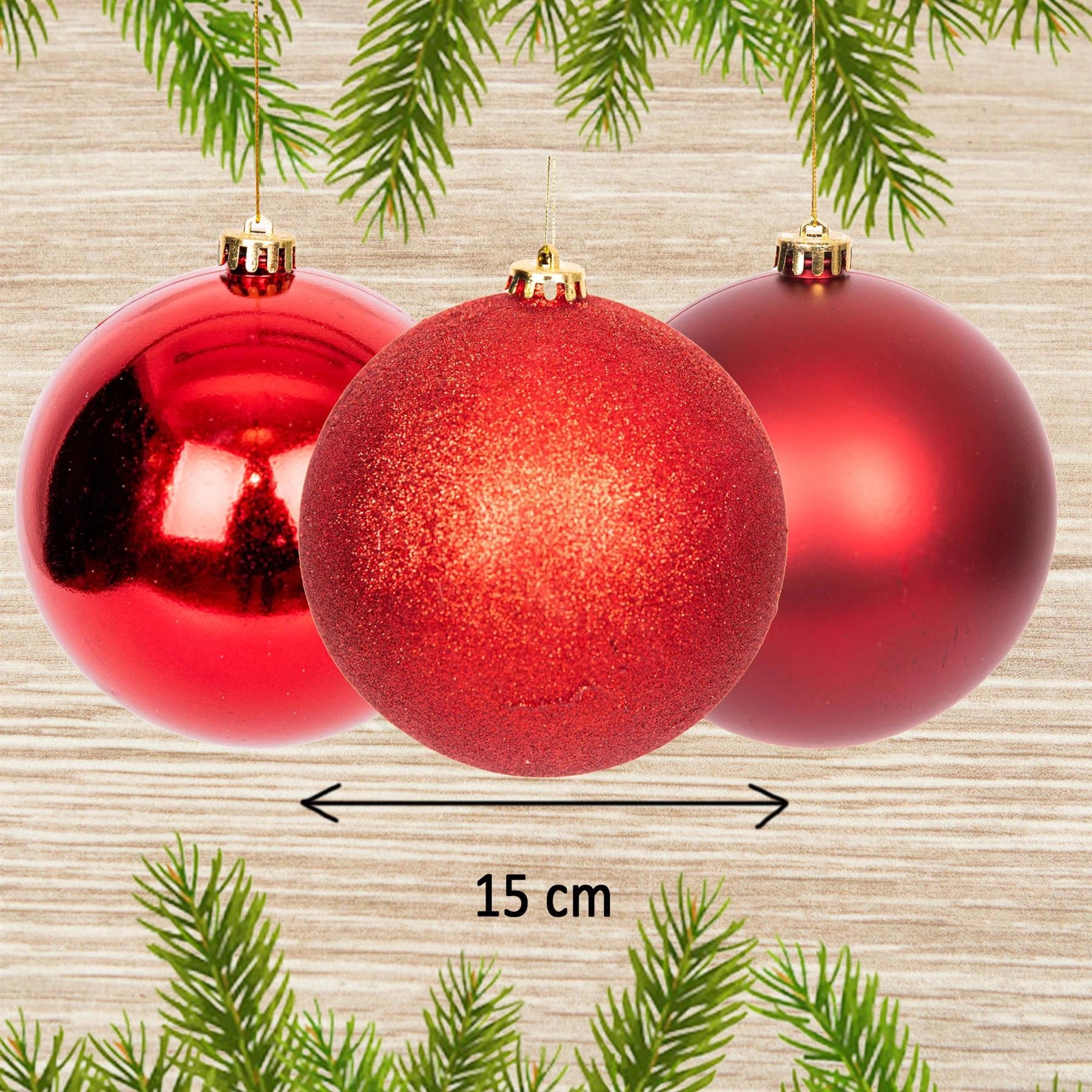 3 Dark Red Shatterproof Christmas Baubles Decor Glitter Matte Shiny Finish 15cm