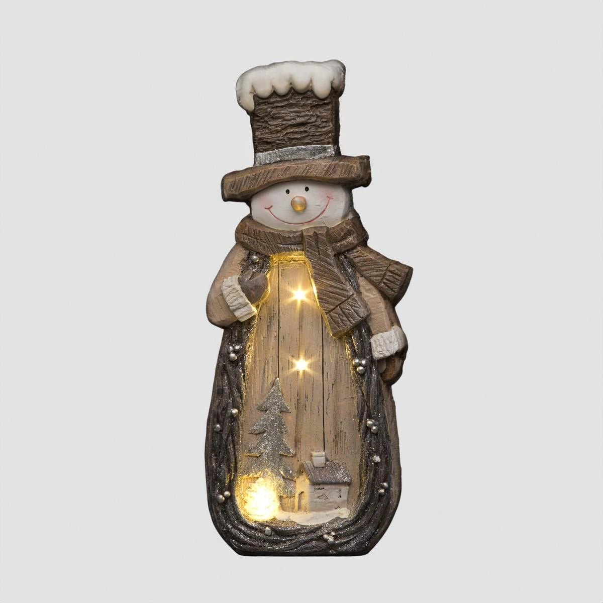LED Snowman w/ Village Scene 46cm Wooden Figurines Mantelpiece Xmas Home Decor