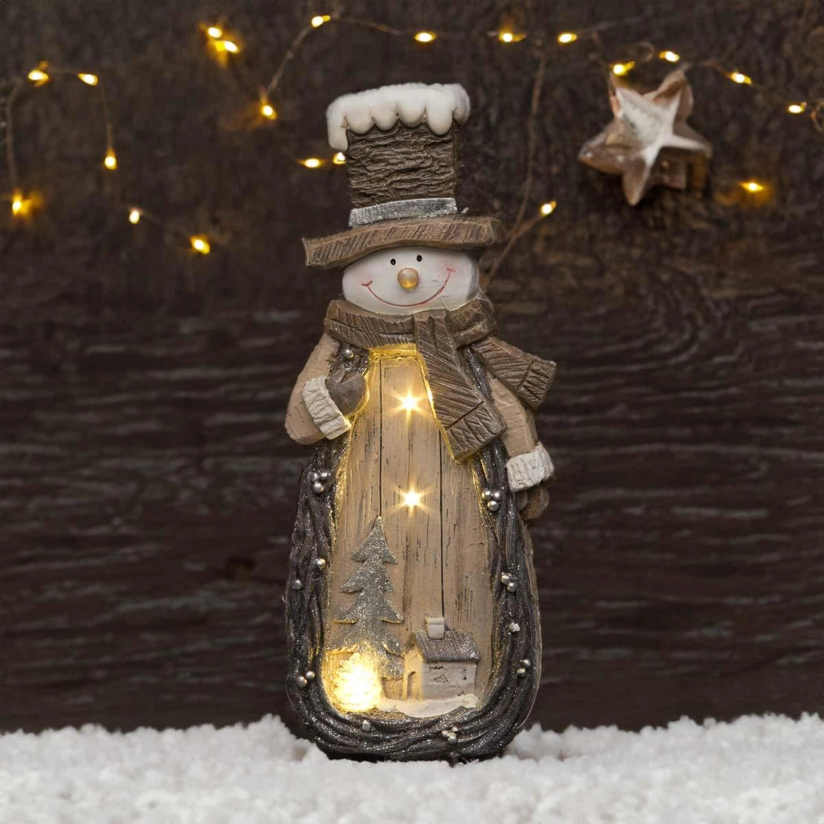 LED Snowman w/ Village Scene 46cm Wooden Figurines Mantelpiece Xmas Home Decor