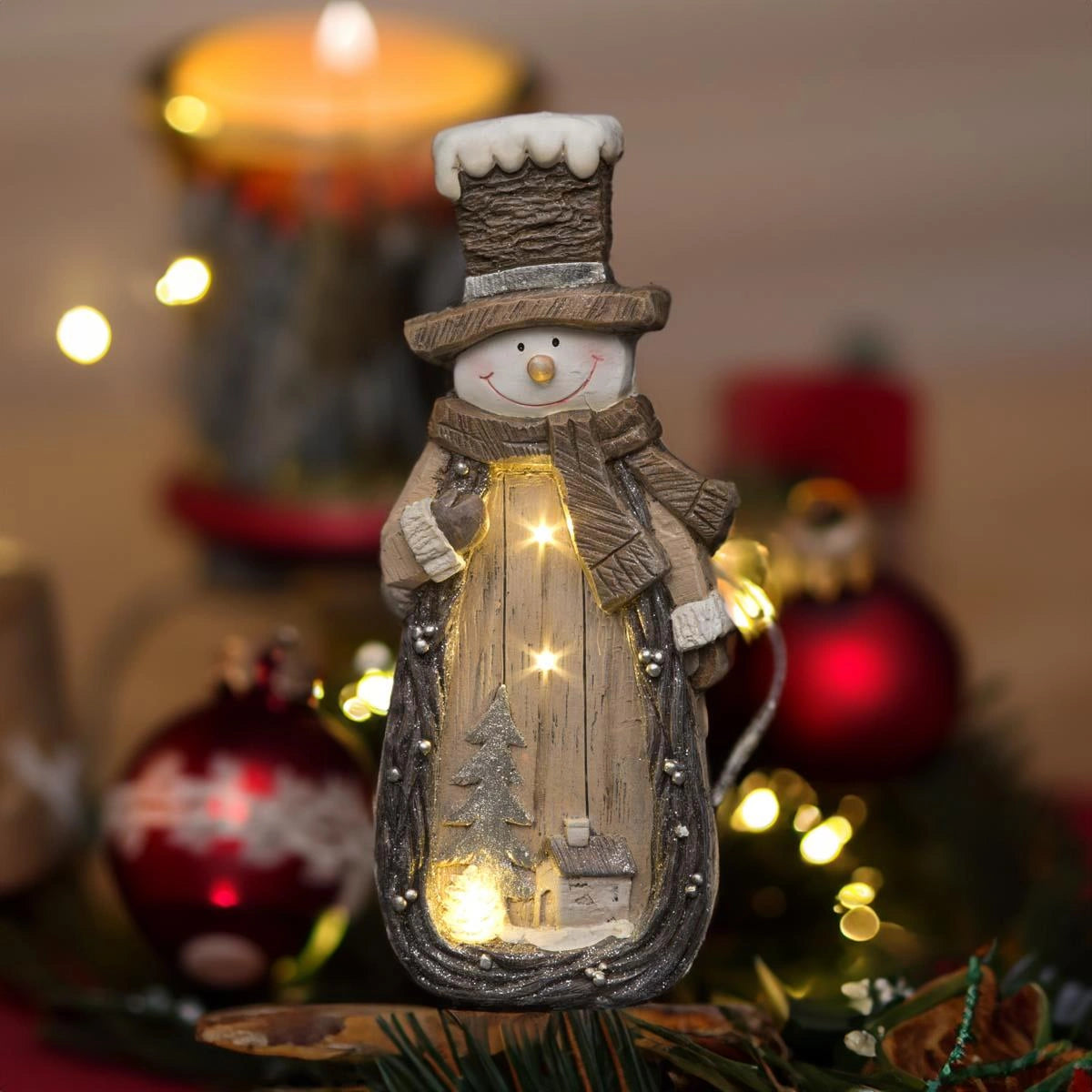 LED Snowman w/ Village Scene 46cm Wooden Figurines Mantelpiece Xmas Home Decor