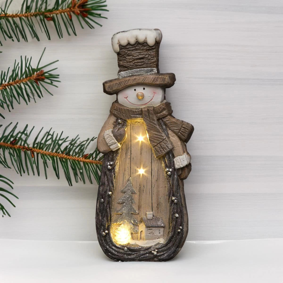 46Cm Snowman With Village Scene Figurine - Christmas Resin Led Sculpture, Battery Operated