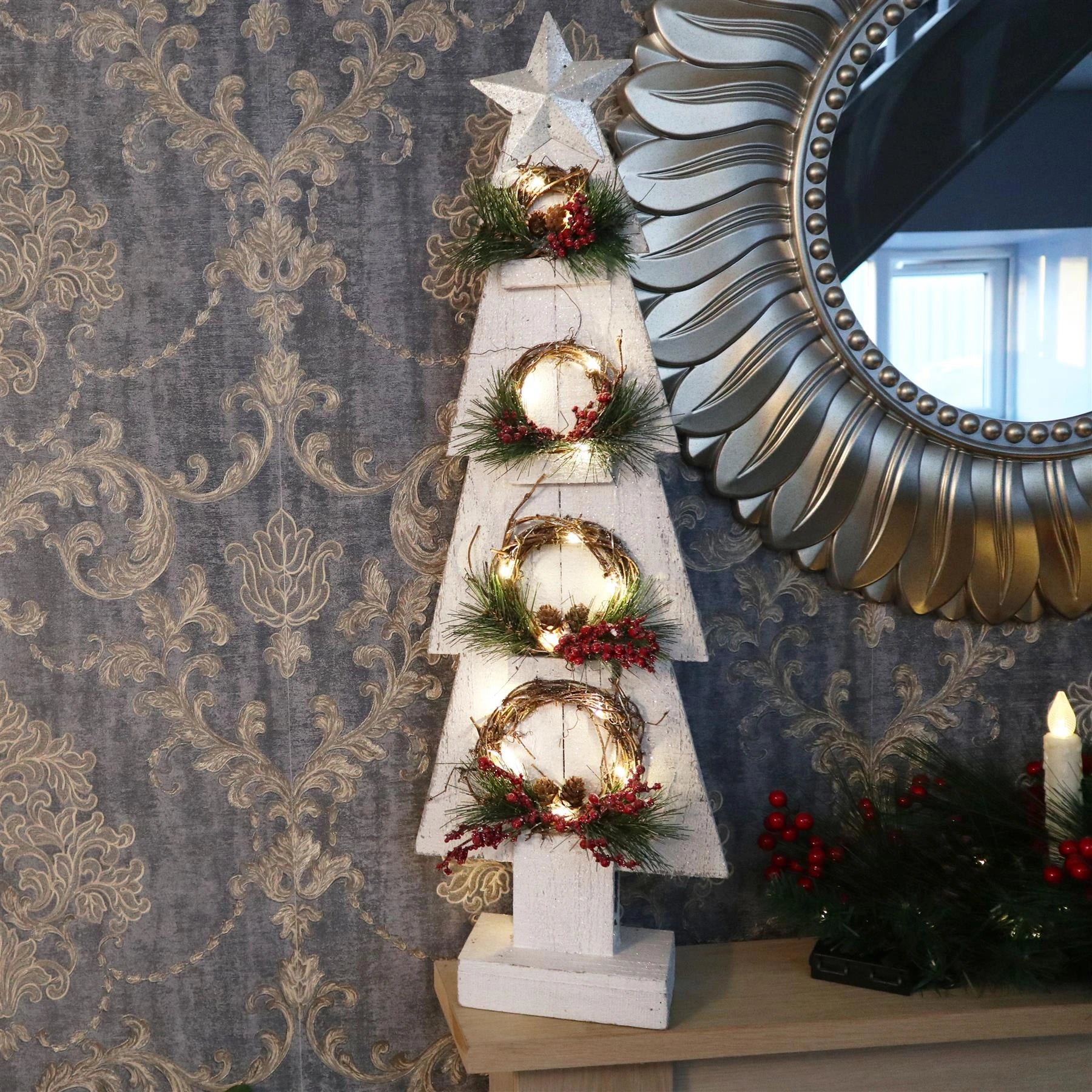 Pre Lit Christmas Table Decoration 80cm Grey Tree Wooden Ornament Xmas Window UK