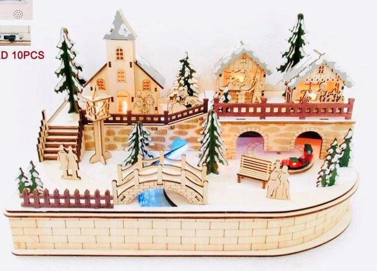 Laser Cut Led Musical Scene Wooden Decoration Battery Operated