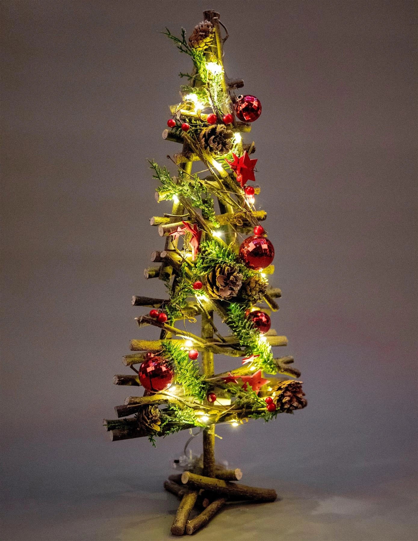 50cm Christmas Tree LED Red Baubles Stars Wooden Twig Tabletop Xmas Home Decor
