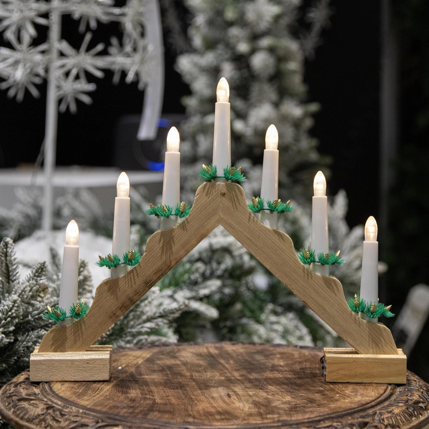 Christmas Decor Window Home Wooden LED Candle Bridge Natural Warm Lights
