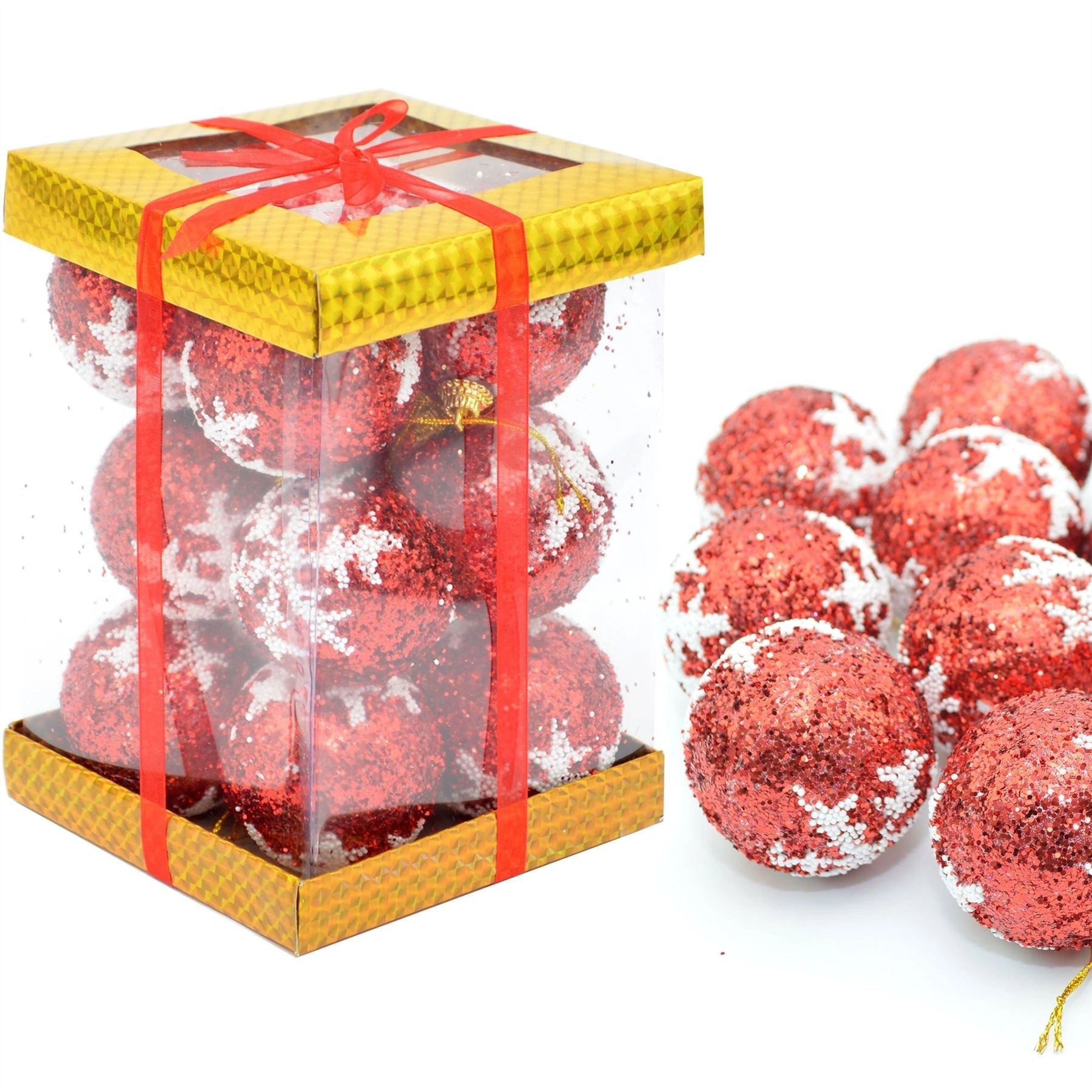 12 Pcs Red Baubles Christmas Tree Hanging Decorations Ornaments Glitter Balls