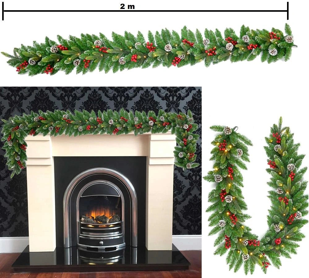 PreLit Christmas Garland Artificial Berry Frosted Pine Cone Home Door XMAS Decor