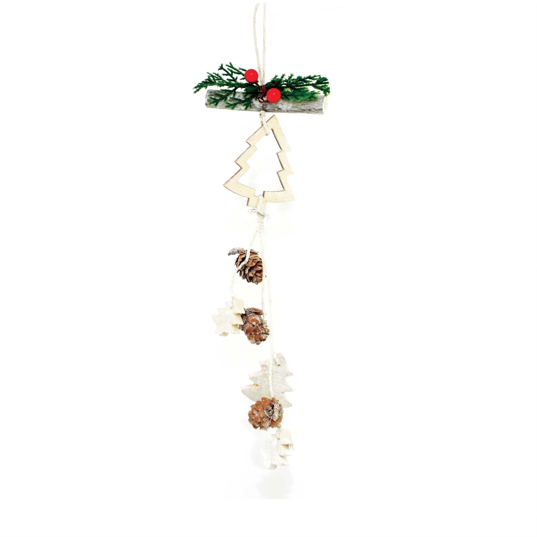 36Cm Tree Wooden Hanging Ornament With Berry, Pine Cones And Tree Xmas Decorations