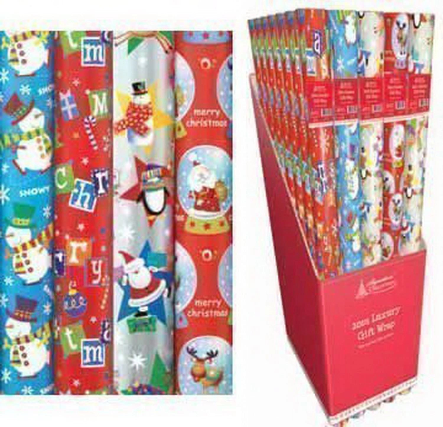 4 X 10M Christmas Wrapping Paper Rolls - Kids Snowman Santa Penguin Gift Wrapping