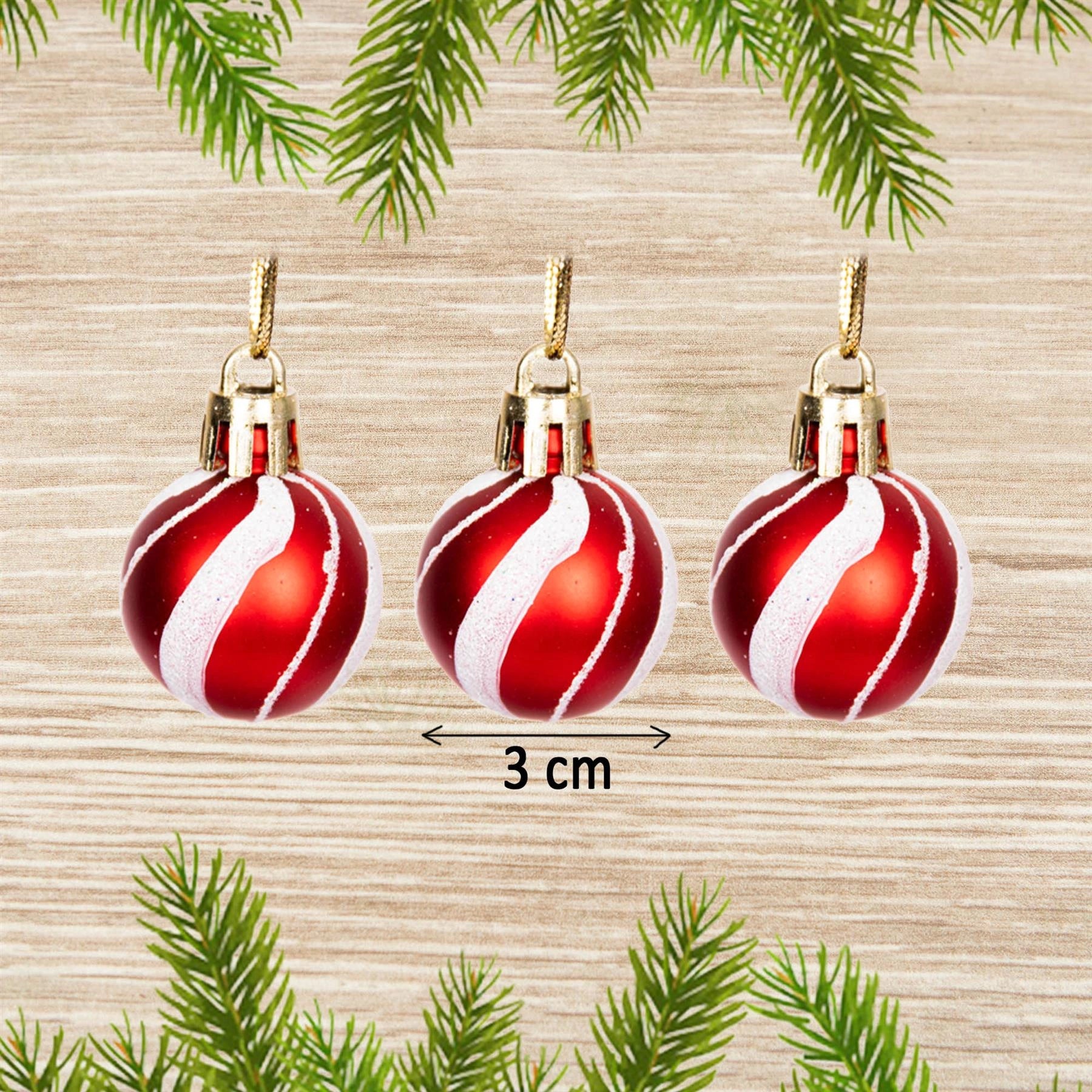 12 Red & White Candy Stripes Christmas Baubles Shiny Shatterproof Decoration
