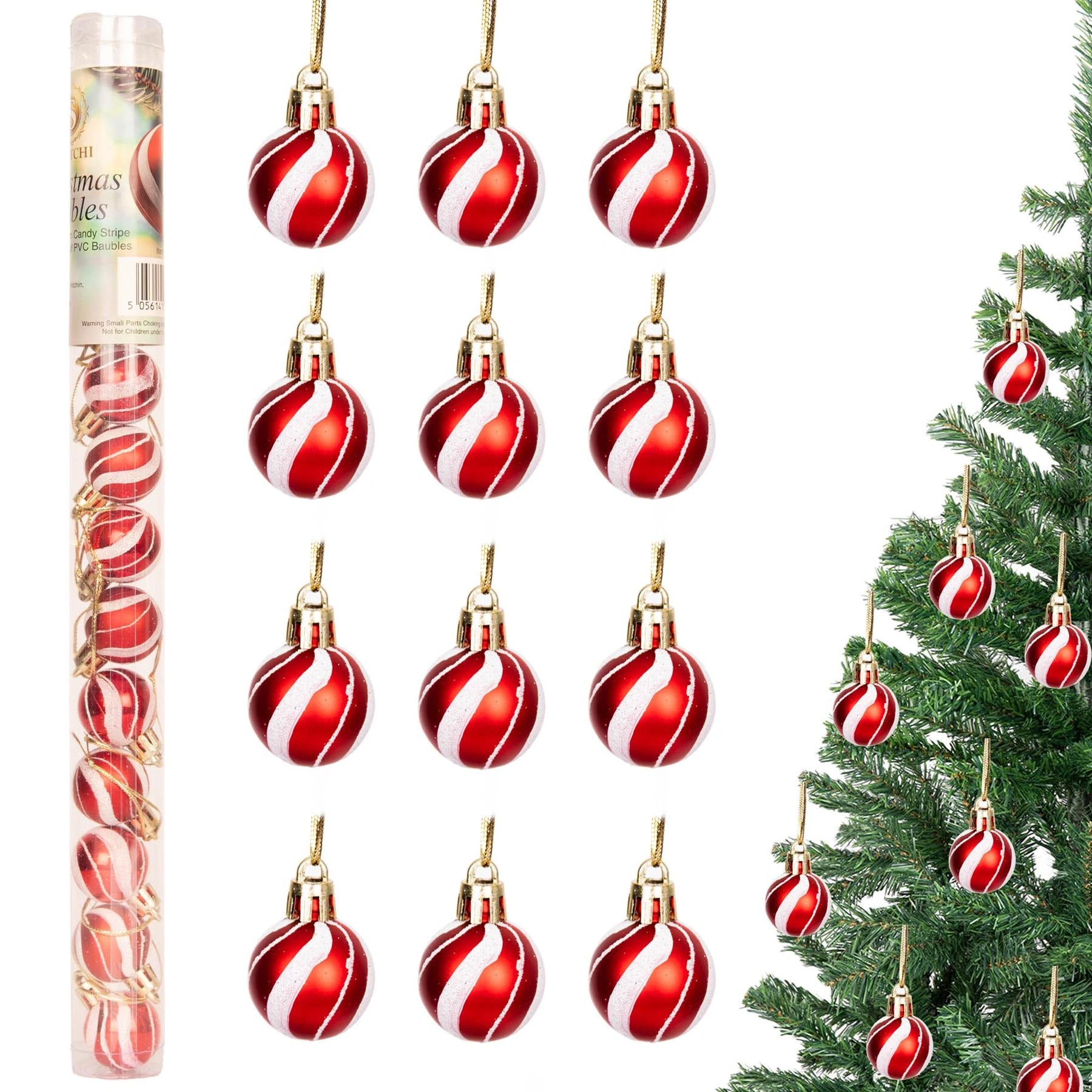 12 Red & White Candy Stripes Christmas Baubles Shiny Shatterproof Decoration