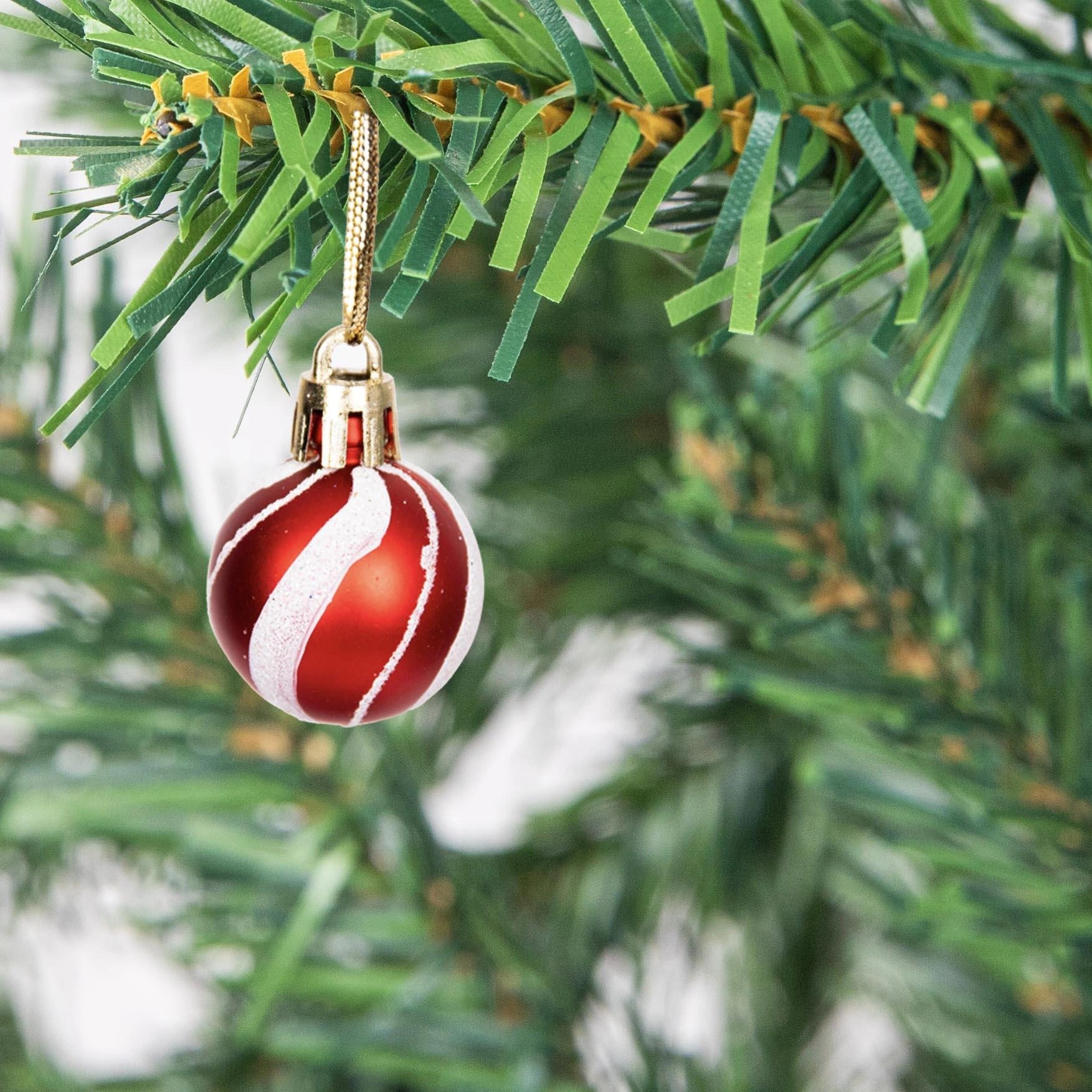 12 Red & White Candy Stripes Christmas Baubles Shiny Shatterproof Decoration