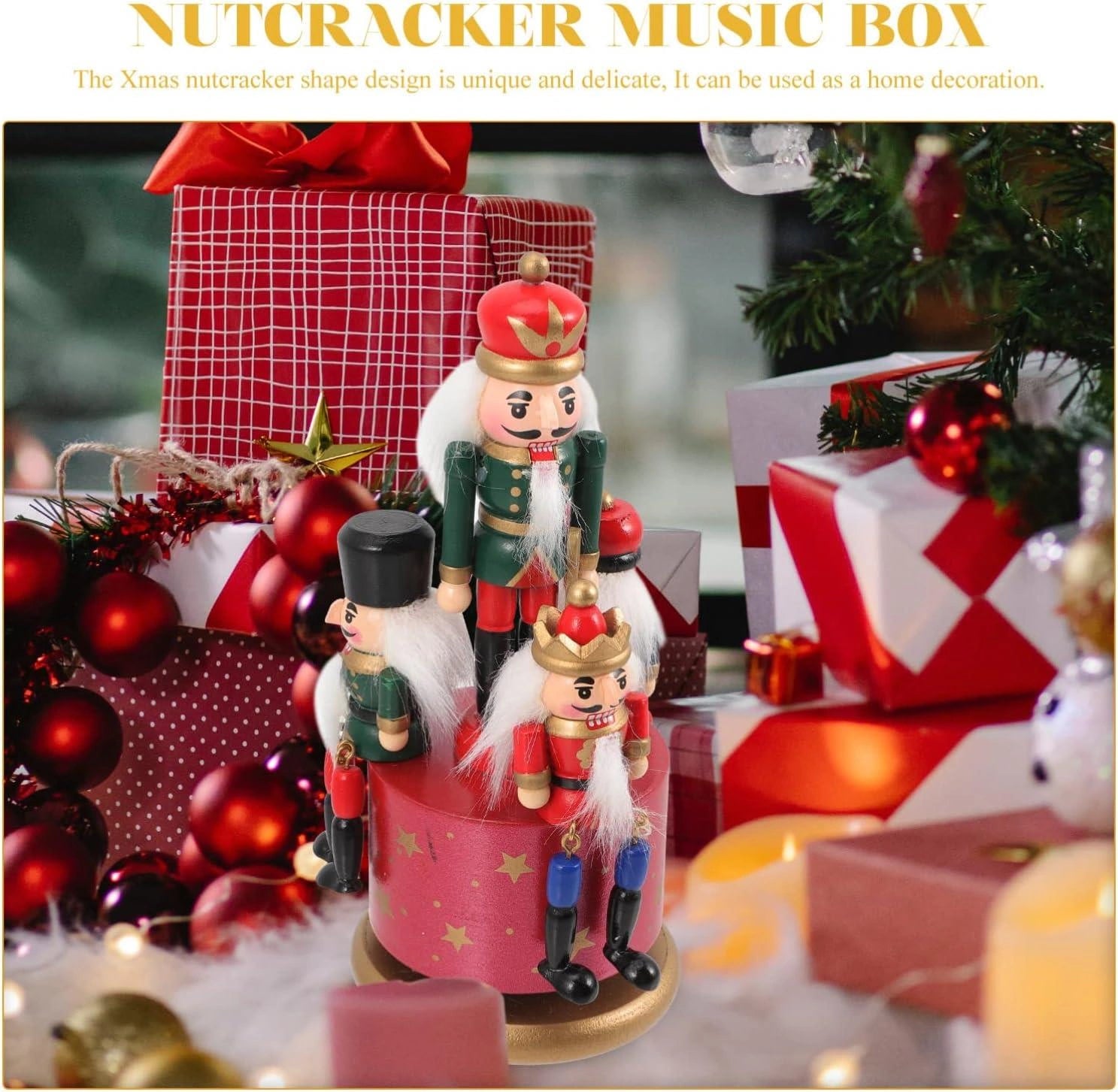 1 Wooden Nutcracker 20cm Music Box Clockwork Christmas Figurines Xmas Home Decor