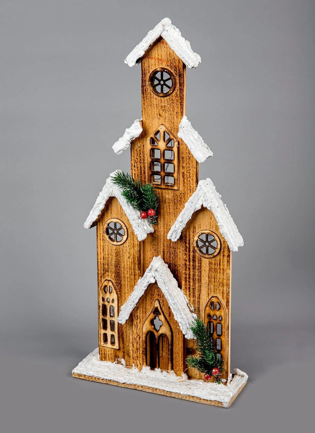 Christmas Tabletop LED Wooden House 51cm Snowy Brown Centerpiece Xmas Decoration