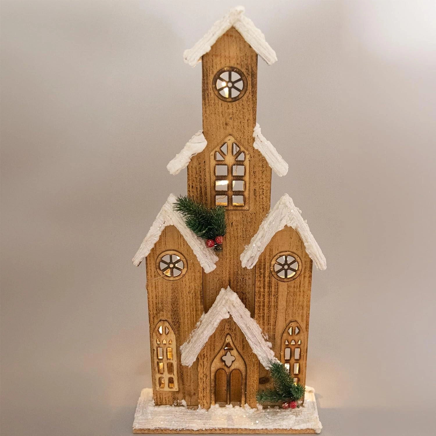 Christmas Tabletop LED Wooden House 51cm Snowy Brown Centerpiece Xmas Decoration