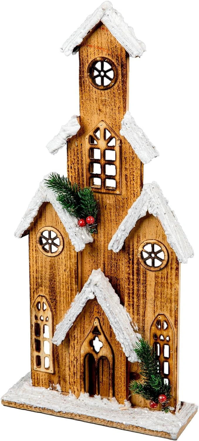 Christmas Tabletop LED Wooden House 51cm Snowy Brown Centerpiece Xmas Decoration