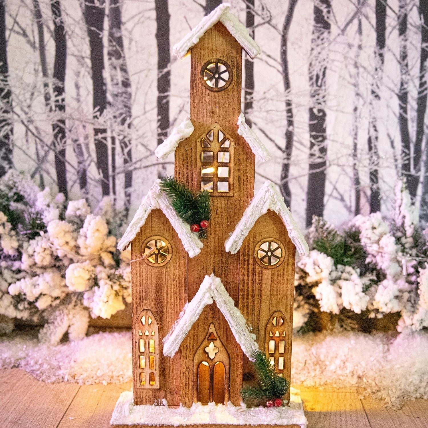 Christmas Tabletop LED Wooden House 51cm Snowy Brown Centerpiece Xmas Decoration
