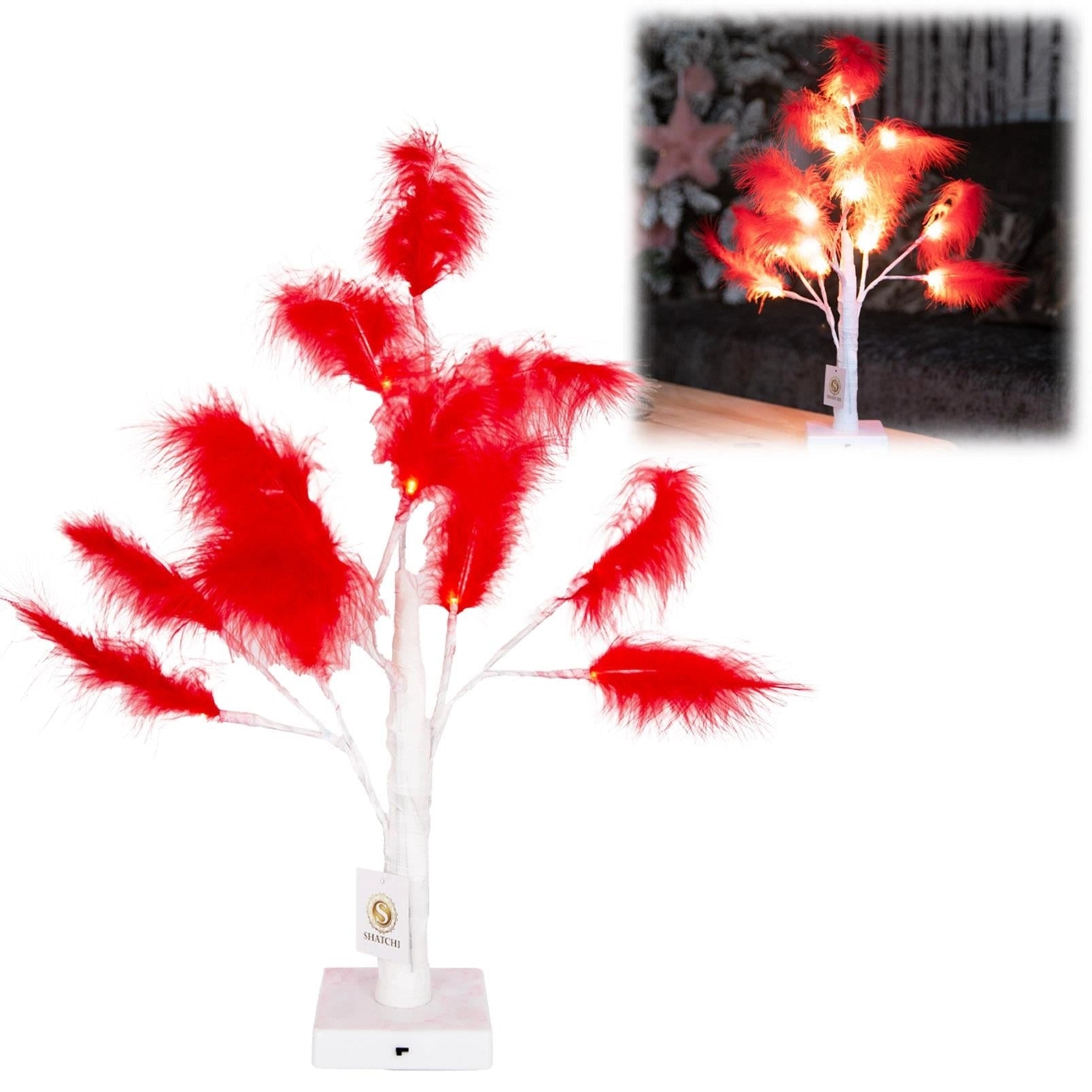 55cm Pampas Red Feather Tree Pre-Lit Table Lamp B/O LED Christmas Decor 2PCS
