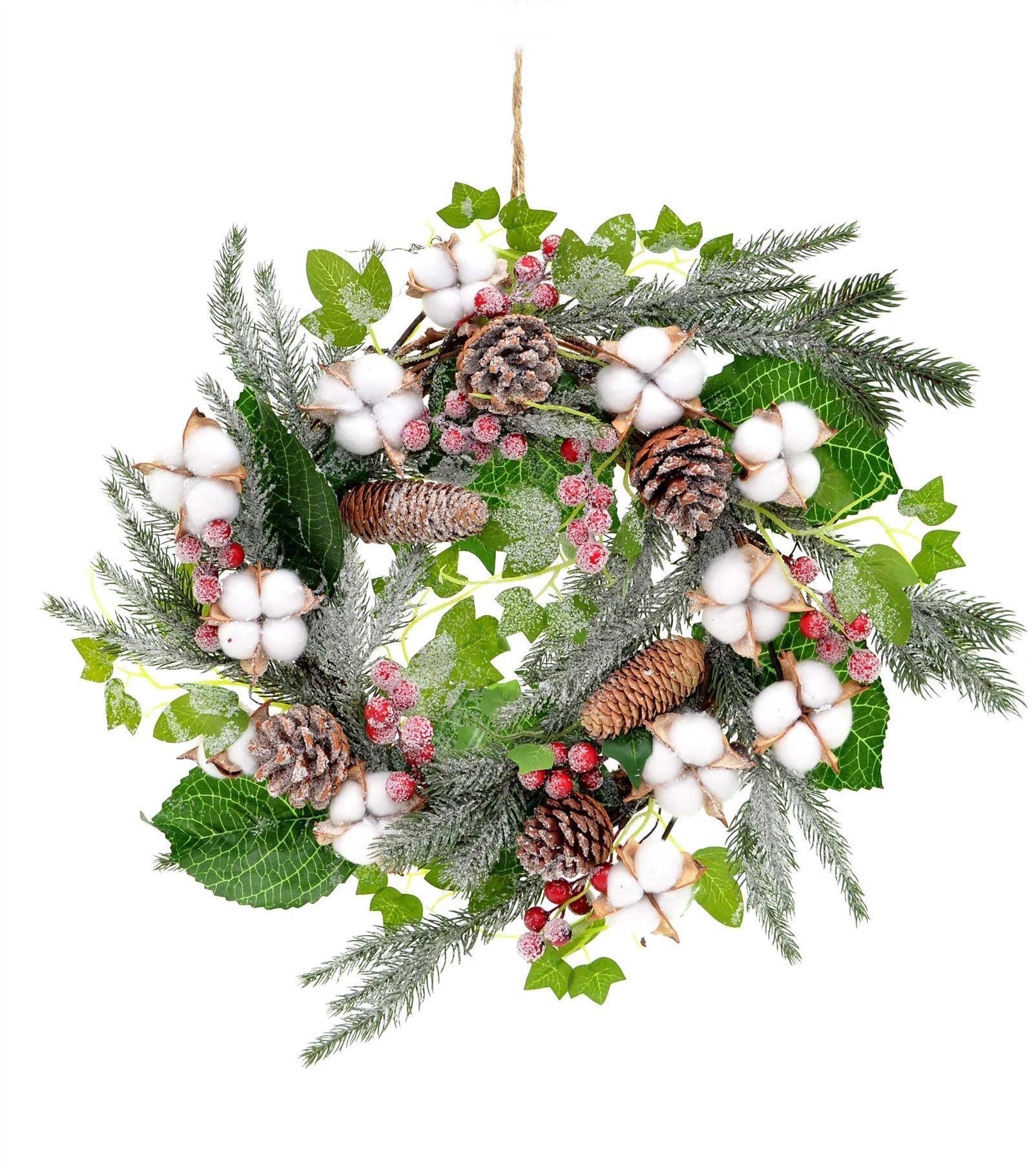 55Cm Frost Wreath With Real Cotton Frost Tips Pine Cones Berries Vintage Xmas Home Decor