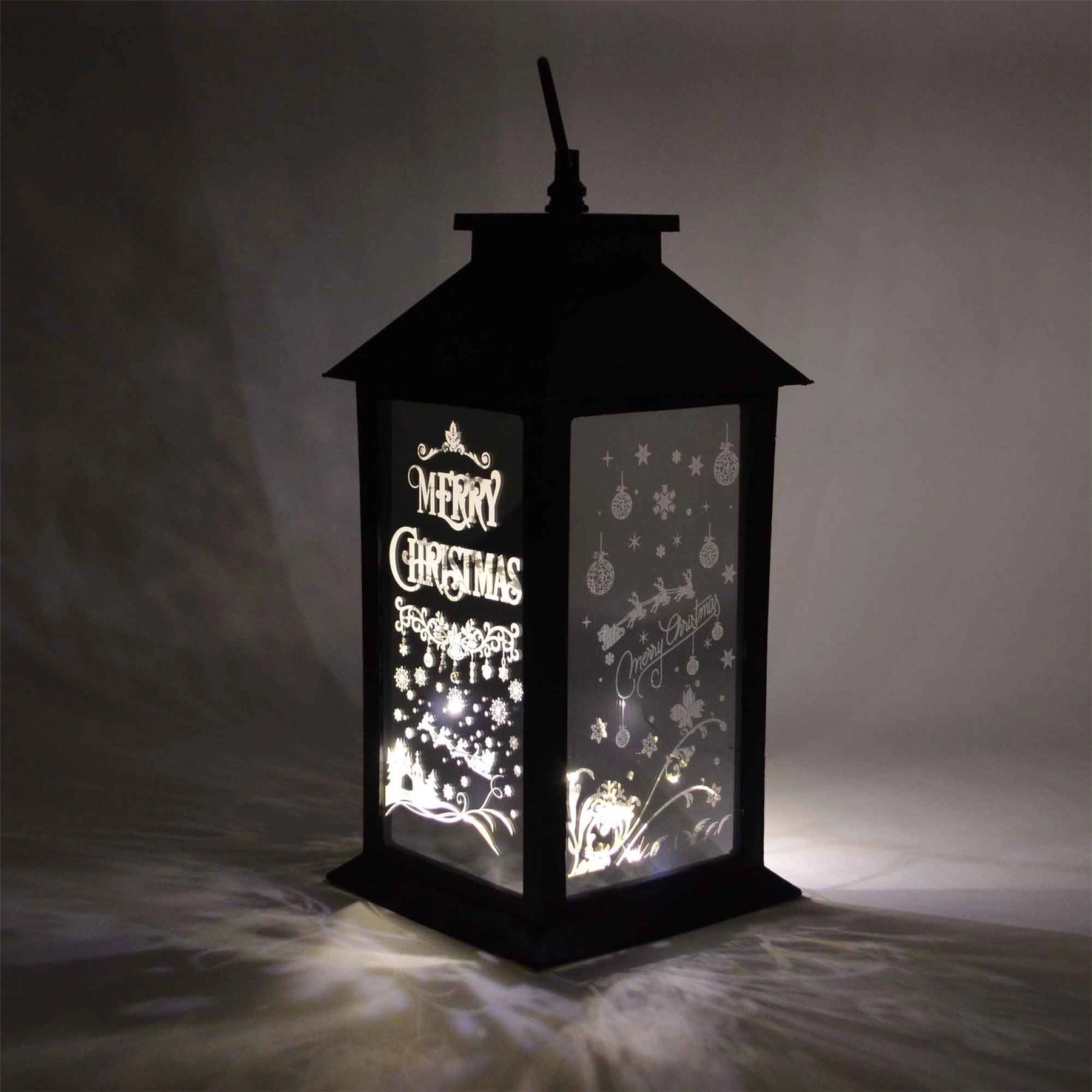 Christmas LED Warm White Lantern Lamp Black PVC Frame Christmas Theme