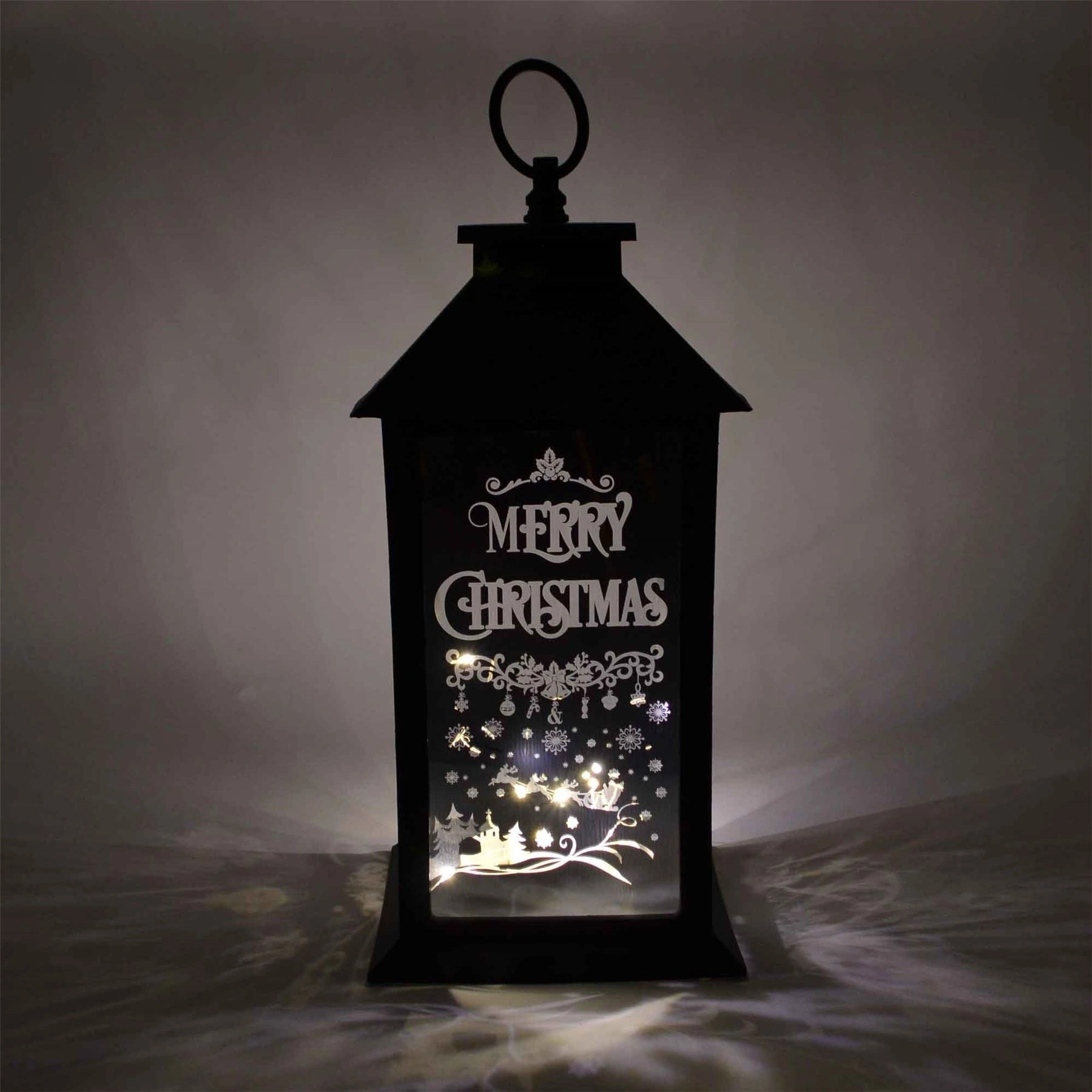 Christmas LED Warm White Lantern Lamp Black PVC Frame Christmas Theme