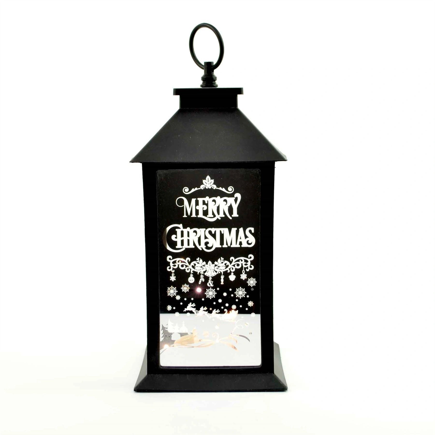 Christmas Led Warm White Lantern Lamp Black Pvc Frame With Designed And Inprinted Christmas Theme