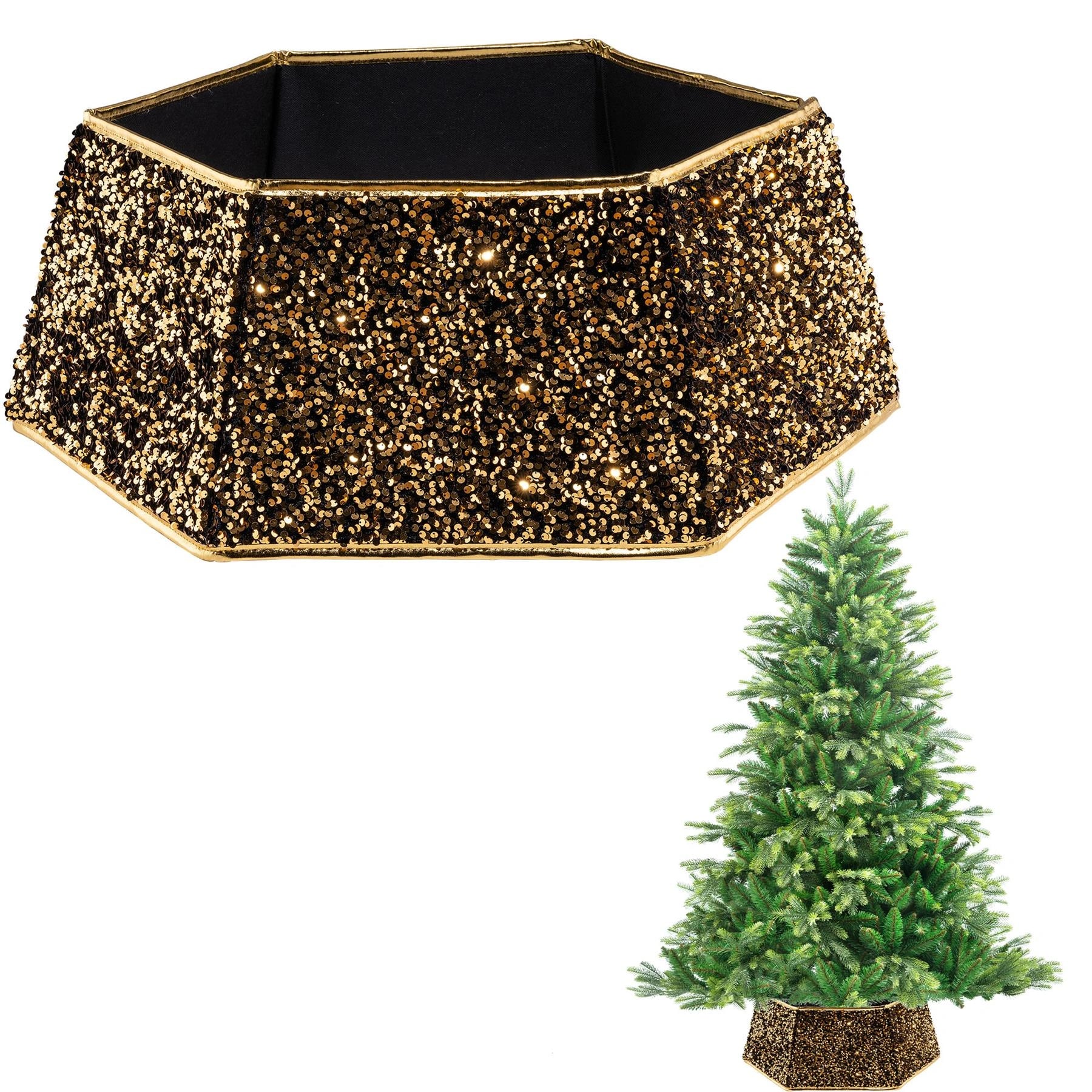 Gold Sequin Hexagon Christmas Tree Collar Fabric - Size: Bottom Dia 26.8Inch, Top Dia 20.75Inch,Height 9.8 Inch