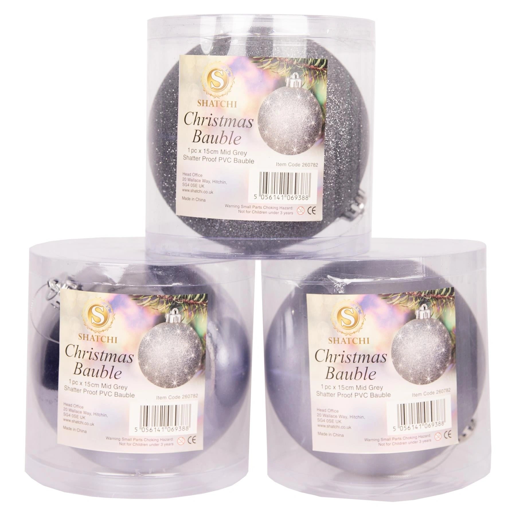 3 Mid Grey Shatterproof Christmas Baubles Glitter Matte Shiny Finish 15cm Decor
