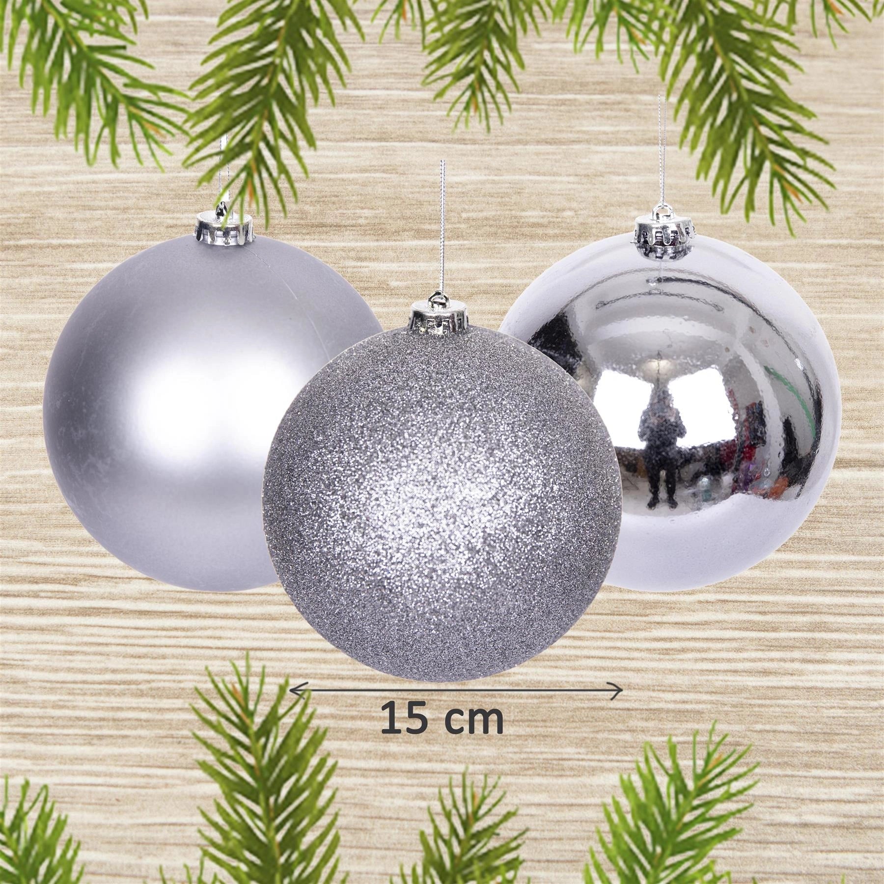 3 Mid Grey Shatterproof Christmas Baubles Glitter Matte Shiny Finish 15cm Decor