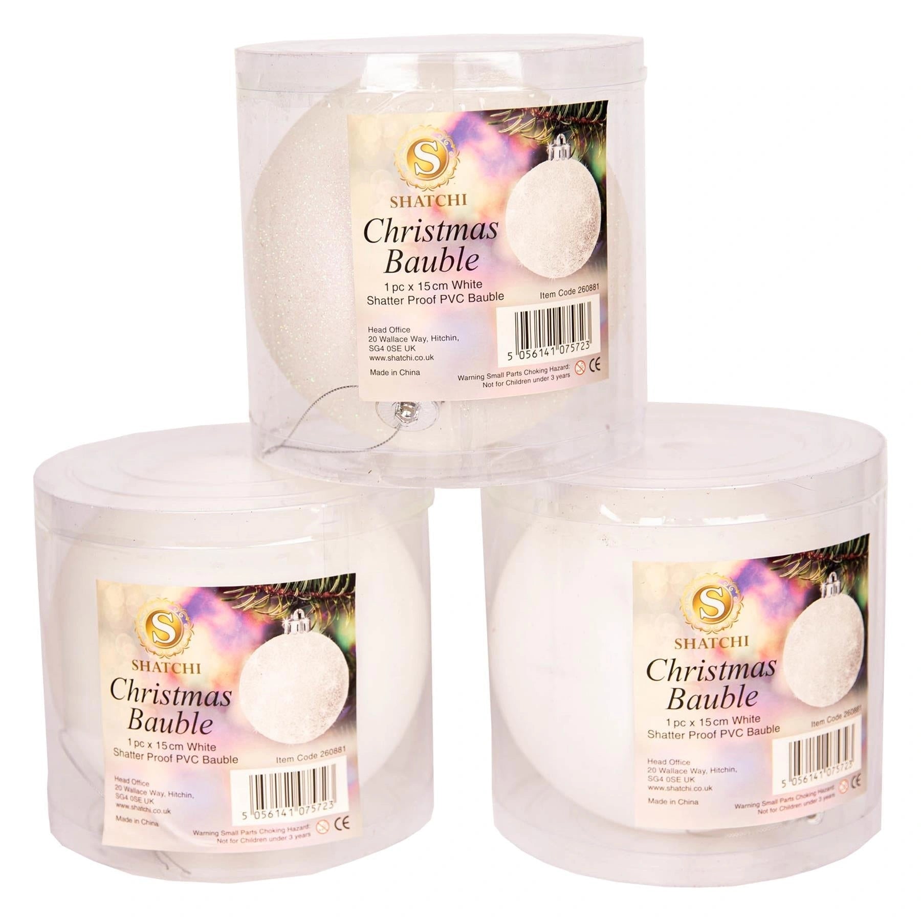 3 White Shatterproof Christmas Baubles Decoration Glitter Matte Shiny Finish