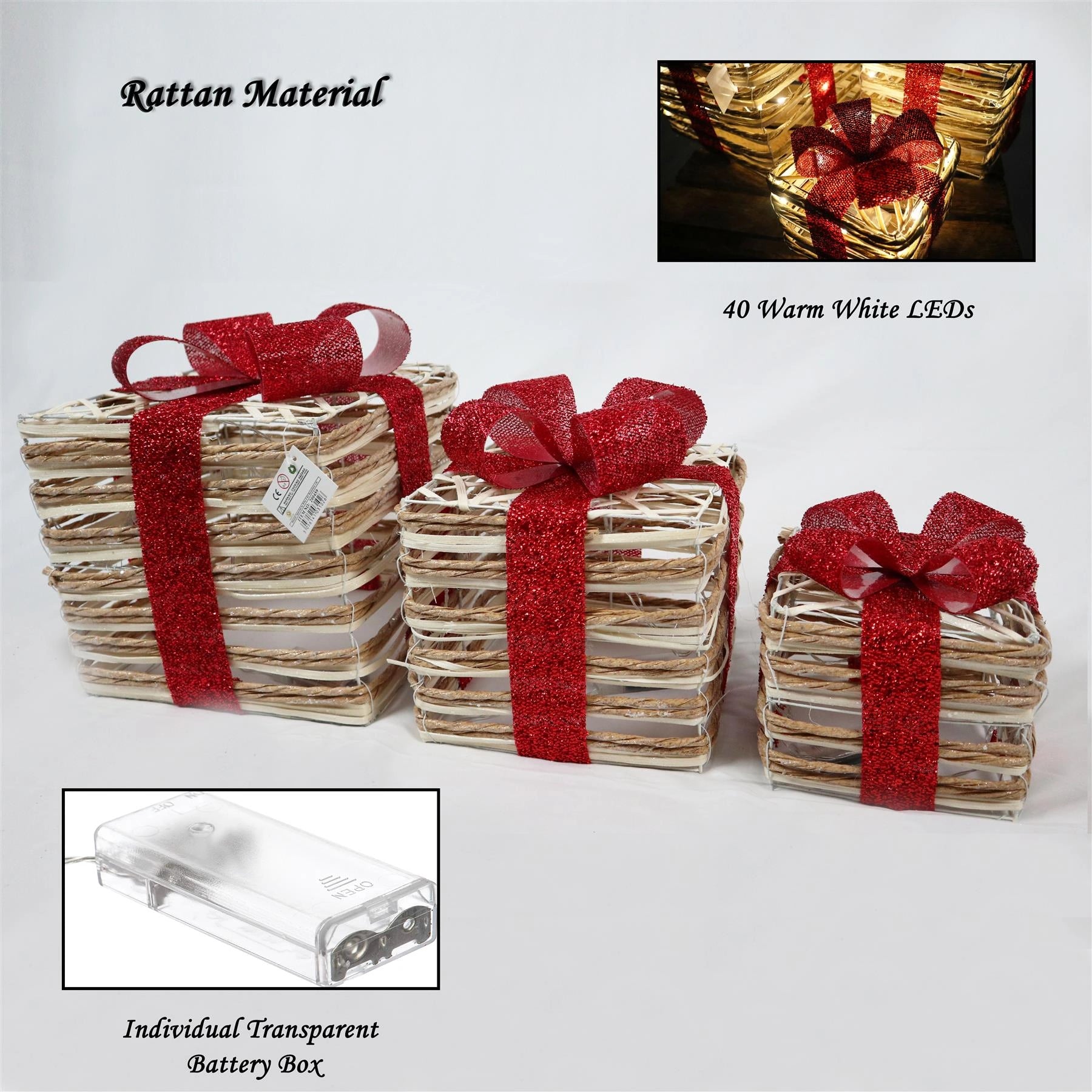 3PCS LED Christmas Parcel Light Up Rattan Gift Box Xmas Indoor Festiv Home Decor
