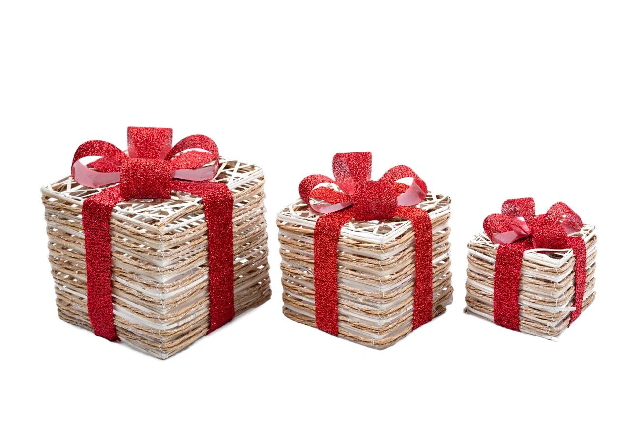 3PCS LED Christmas Parcel Light Up Rattan Gift Box Xmas Indoor Festiv Home Decor