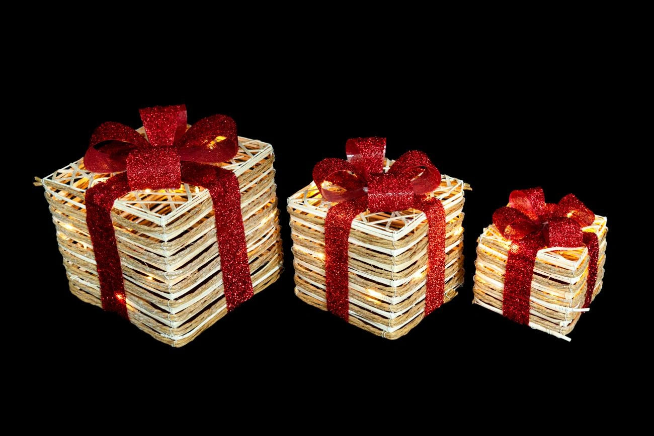 Rattan Gift Box Red Ribbon 20 Led