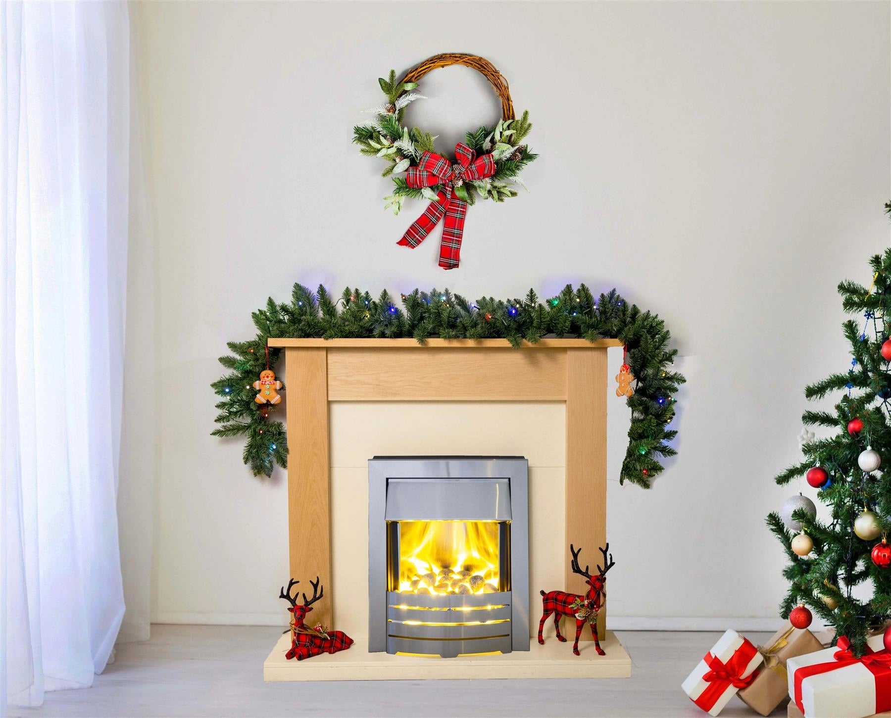 Green Christmas Garland Pre Lit Artificial Bushy Pine Wall Door XMAS Home Decor