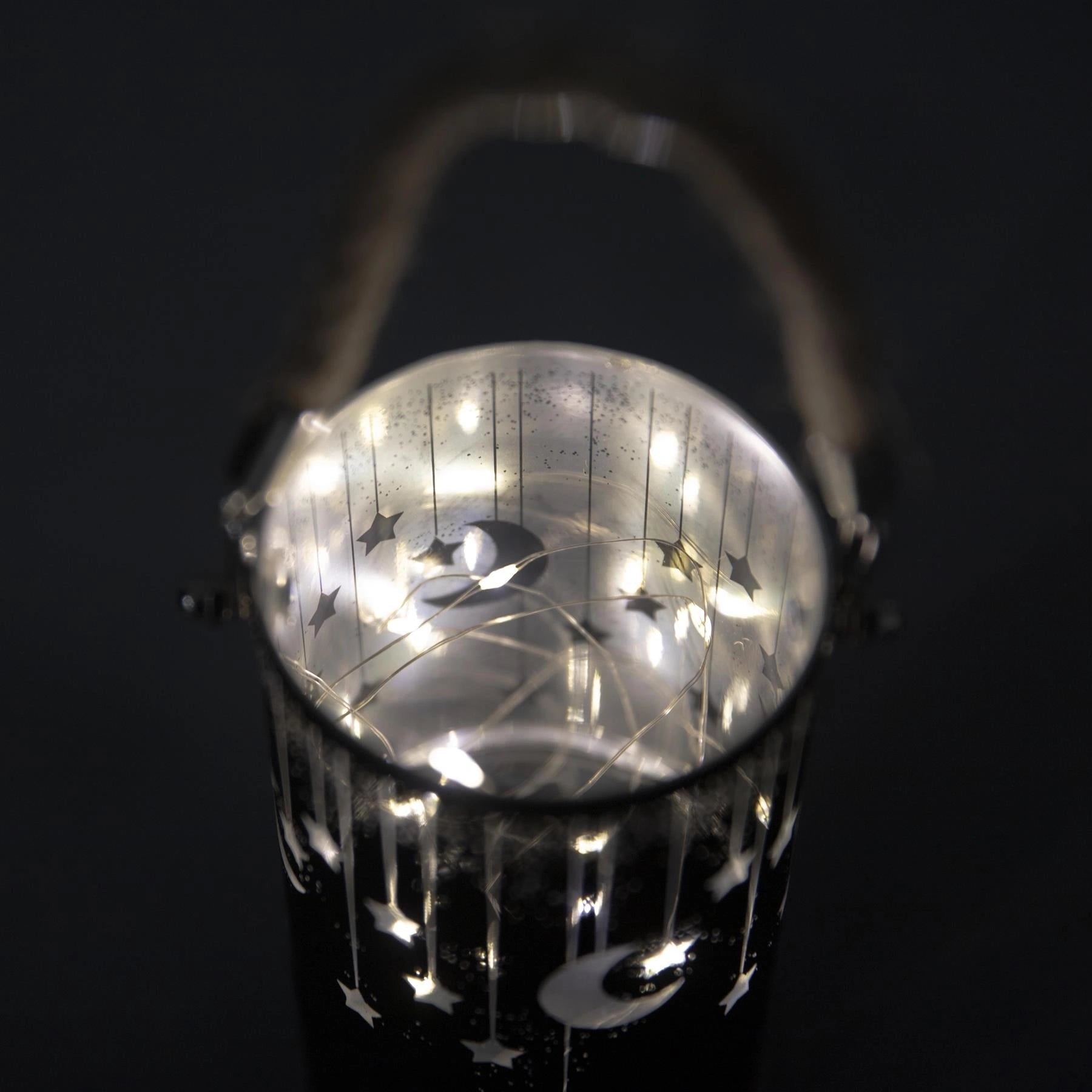 Christmas Decorated Jar Led Black Glass Vase Moon Stars 17cm Home Table Decor