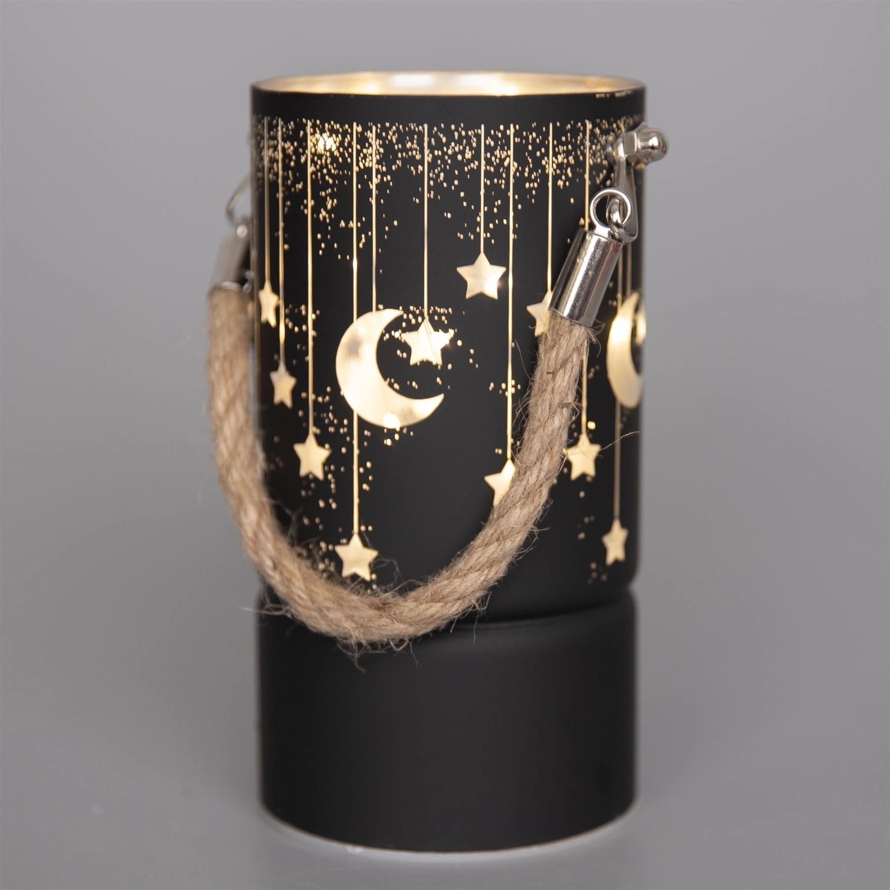 Christmas Decorated Jar Led Black Glass Vase Moon Stars 17cm Home Table Decor