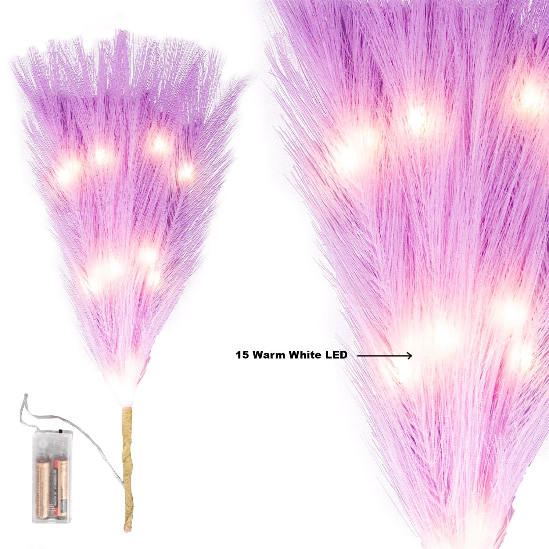 1PC Pampas Grass Stems Feather Christmas Table Decor Pre-Lit LED B/O Purple 45cm
