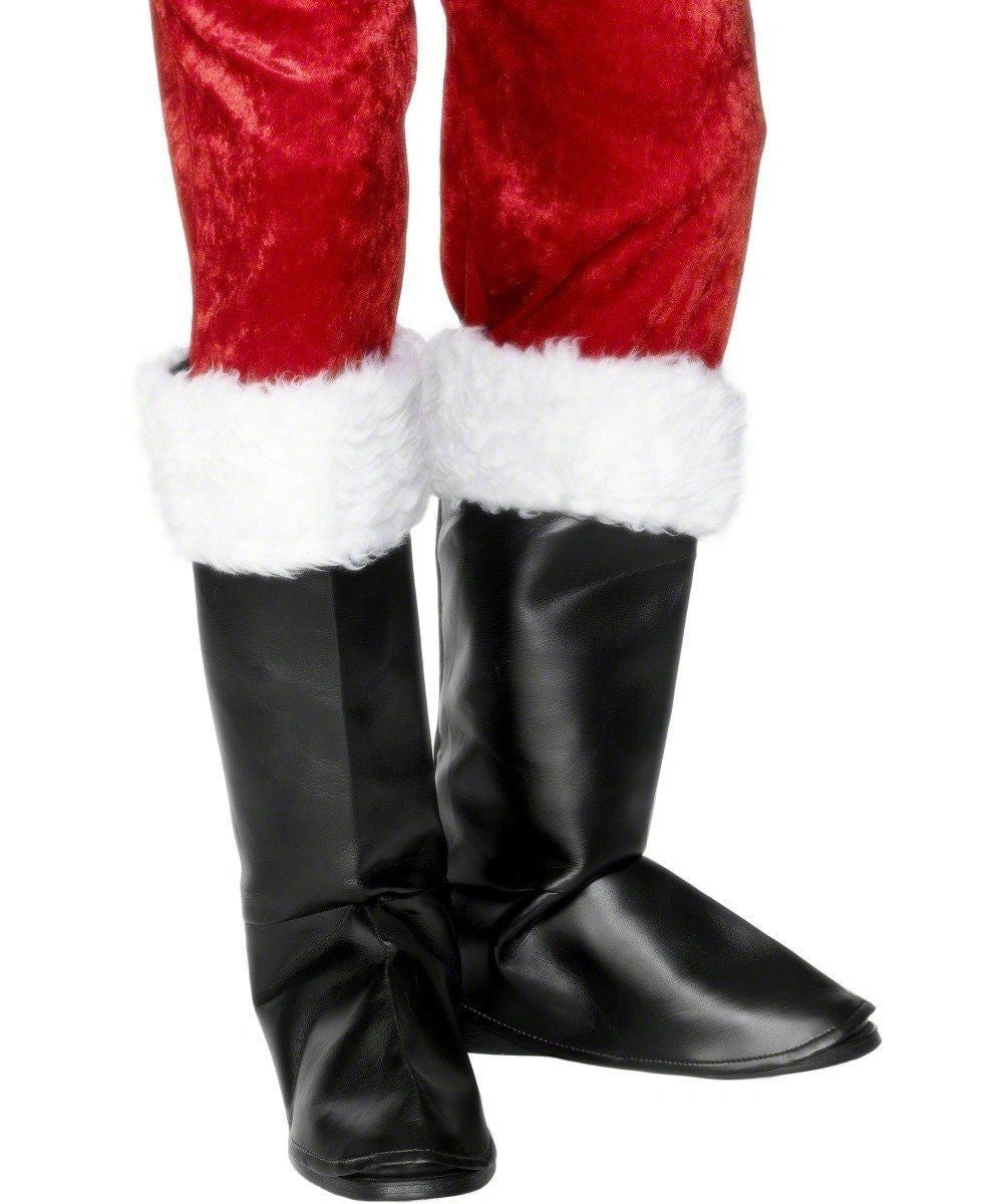 Mens Black Santa Boot Top Covers Medieval Peter Pirate Fancy Dress Costume Fur