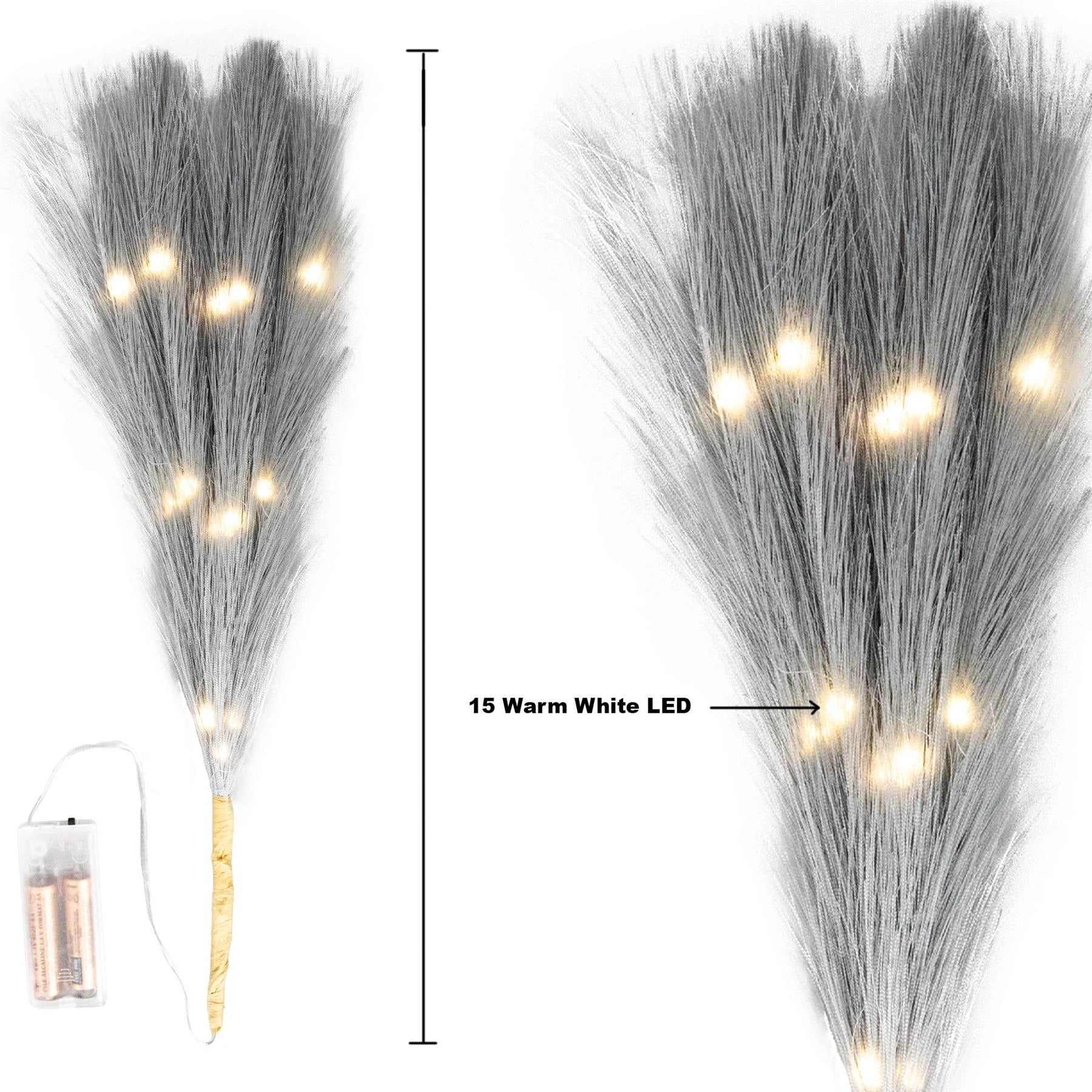 2PCS Pre-Lit Pampas Grass Feather Stems LED B/O Grey Christmas Table Decor 45cm