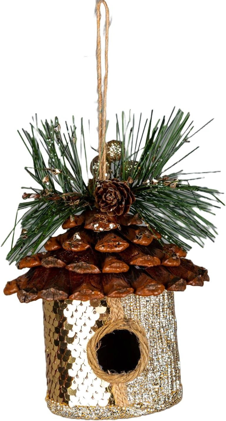 Gold Birdhouse 10X11Cm - 3Pcs Christmas Hanging Decorations