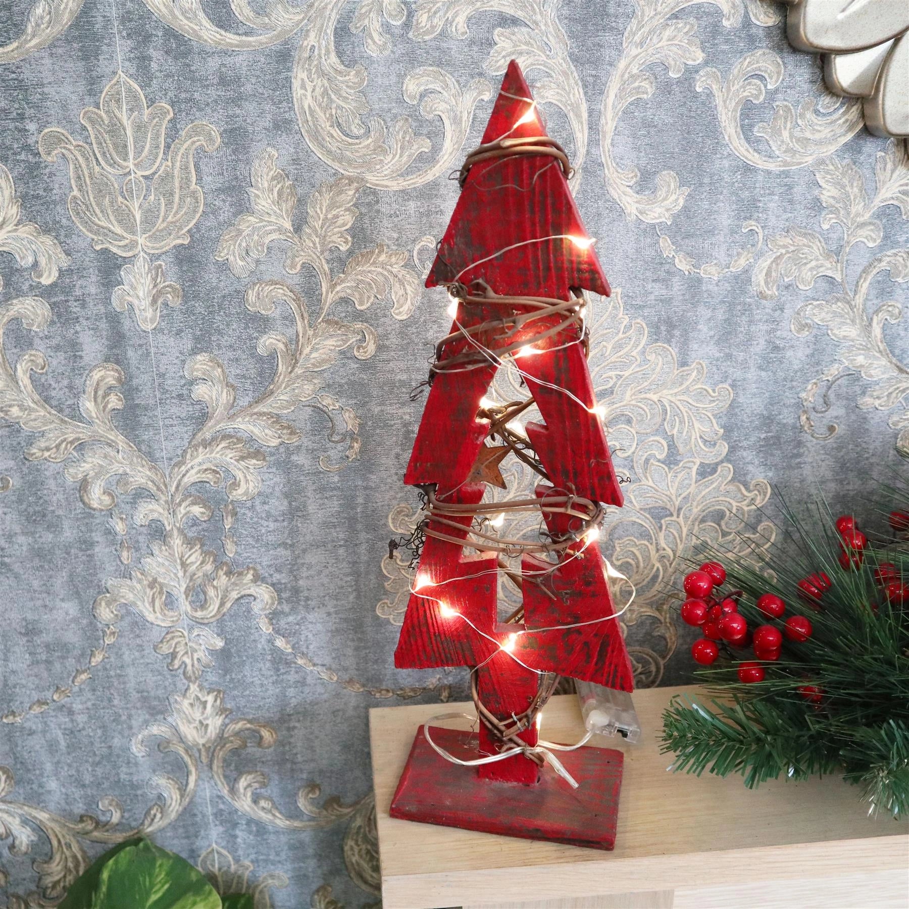 Red Wooden Tree LEDs Christmas Table Decorations Xmas Party Office Home Piece