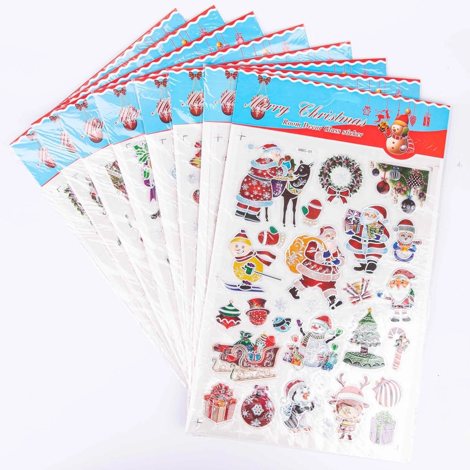 8 Christmas Window Stickers 3D Santa Snowflake Snowman Reusable Decal Xmas Decor