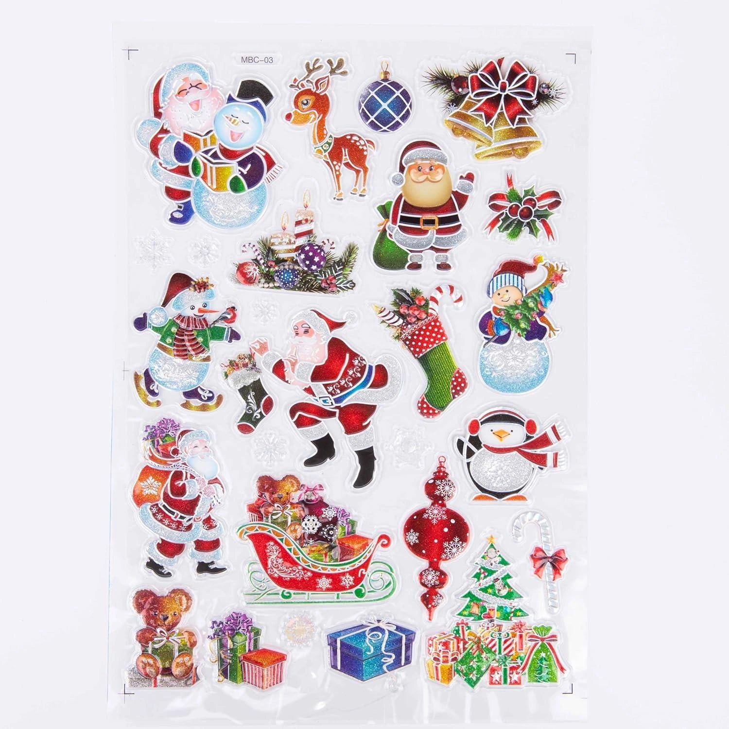 8 Christmas Window Stickers 3D Santa Snowflake Snowman Reusable Decal Xmas Decor