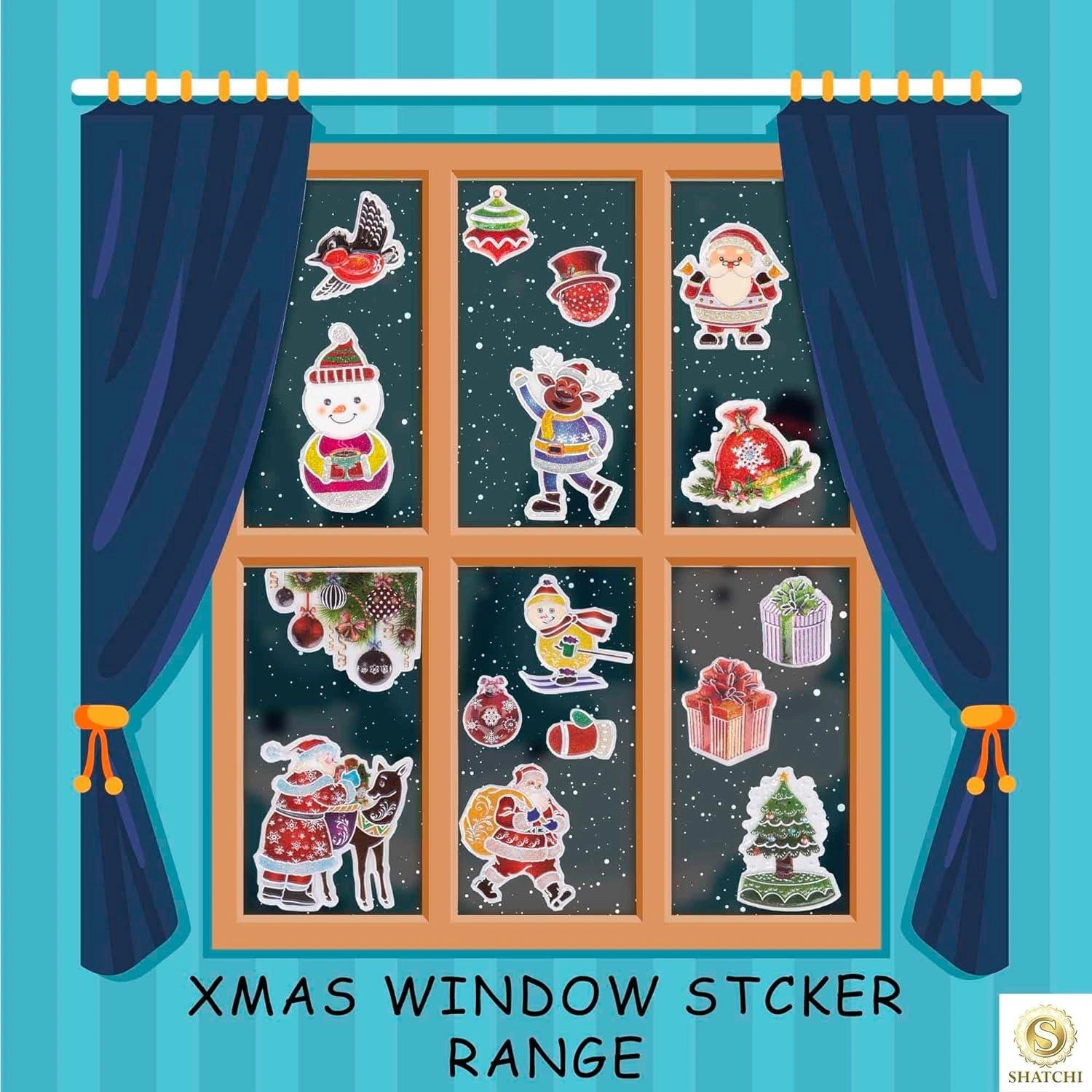 8 Christmas Window Stickers 3D Santa Snowflake Snowman Reusable Decal Xmas Decor