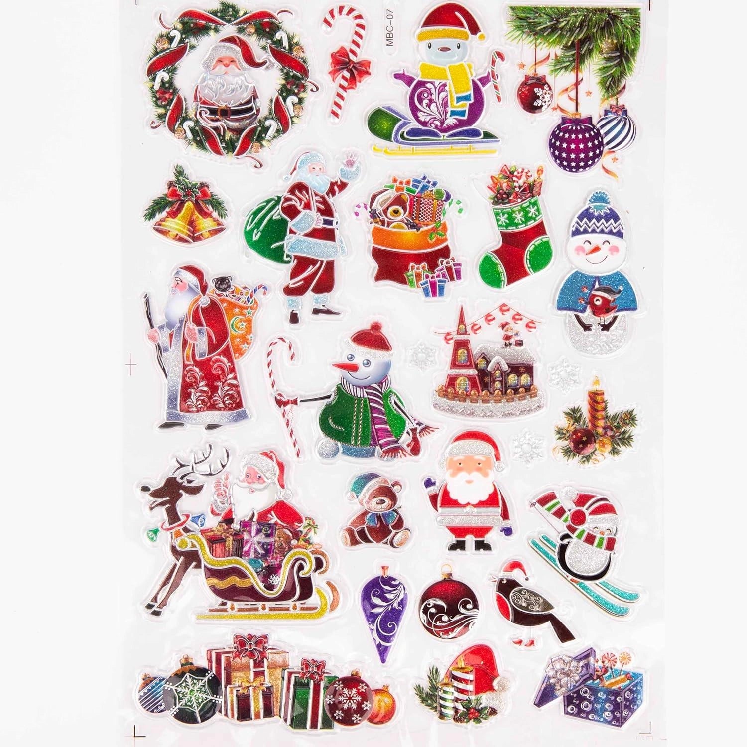 8 Christmas Window Stickers 3D Santa Snowflake Snowman Reusable Decal Xmas Decor