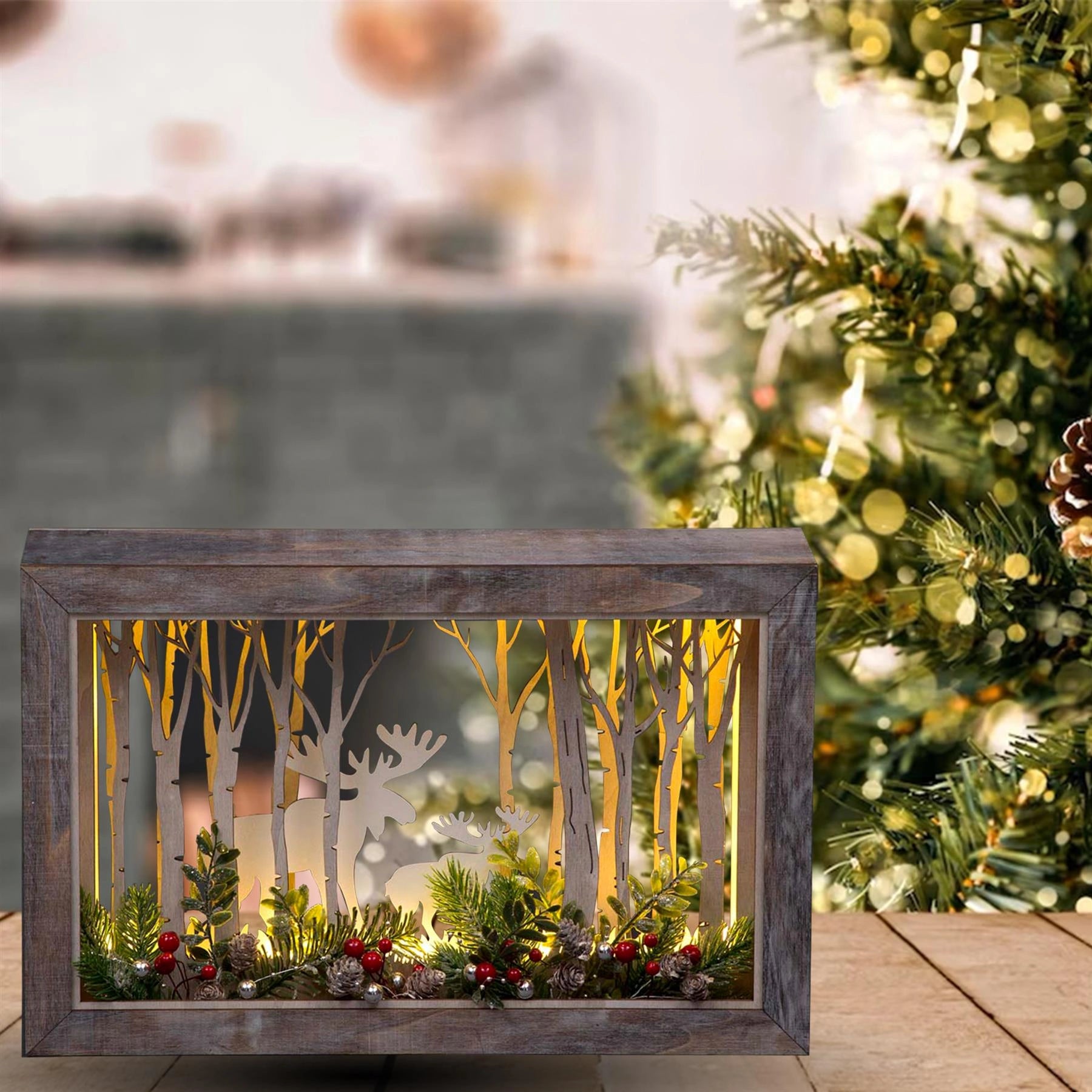 Wooden Reindeer Scene LED Christmas Tabletop B/O Rectangle 45cm Xmas Home Decor