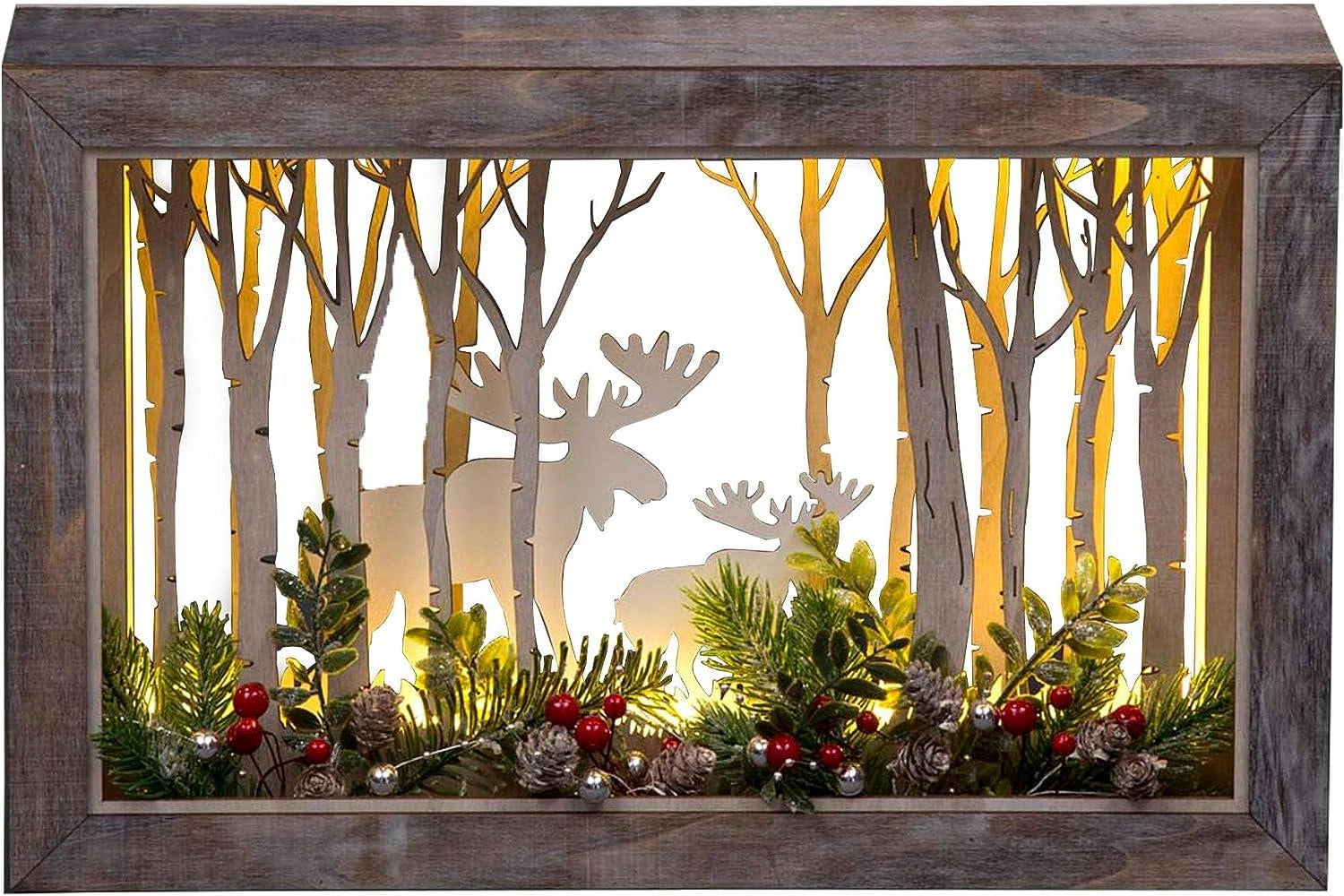 Wooden Reindeer Scene LED Christmas Tabletop B/O Rectangle 45cm Xmas Home Decor