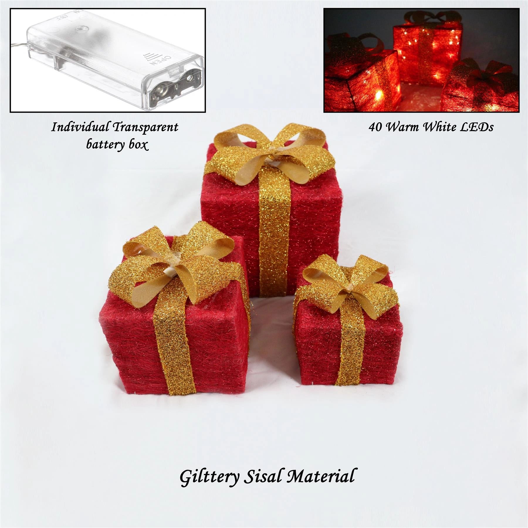 LED Christmas Parcel Light Up Gift Boxes Set Of 3 Xmas Indoor Festive Home Decor