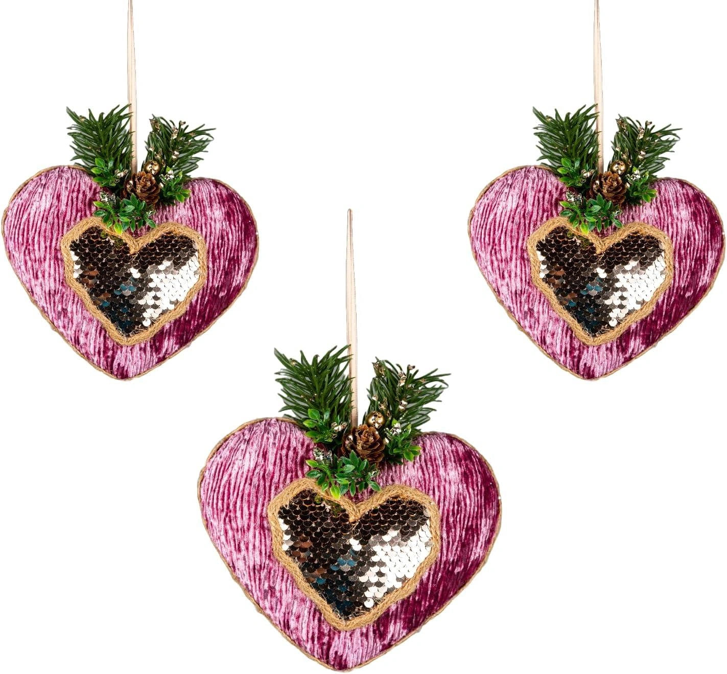 3X Christmas Hanging Ornament Tree Pendant Hot Pink Heart 16.5cm Xmas Decoration